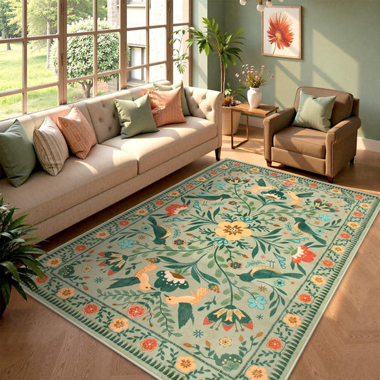 Moynesa Boho Area Rugs 5x7, Ultra Thin Soft Washable Rugs for Living Room Bedroom Non Slip, Stain Resistant, Indoor Bird Patterned Sage Green Large Carpet for Kitchen Entryway Office