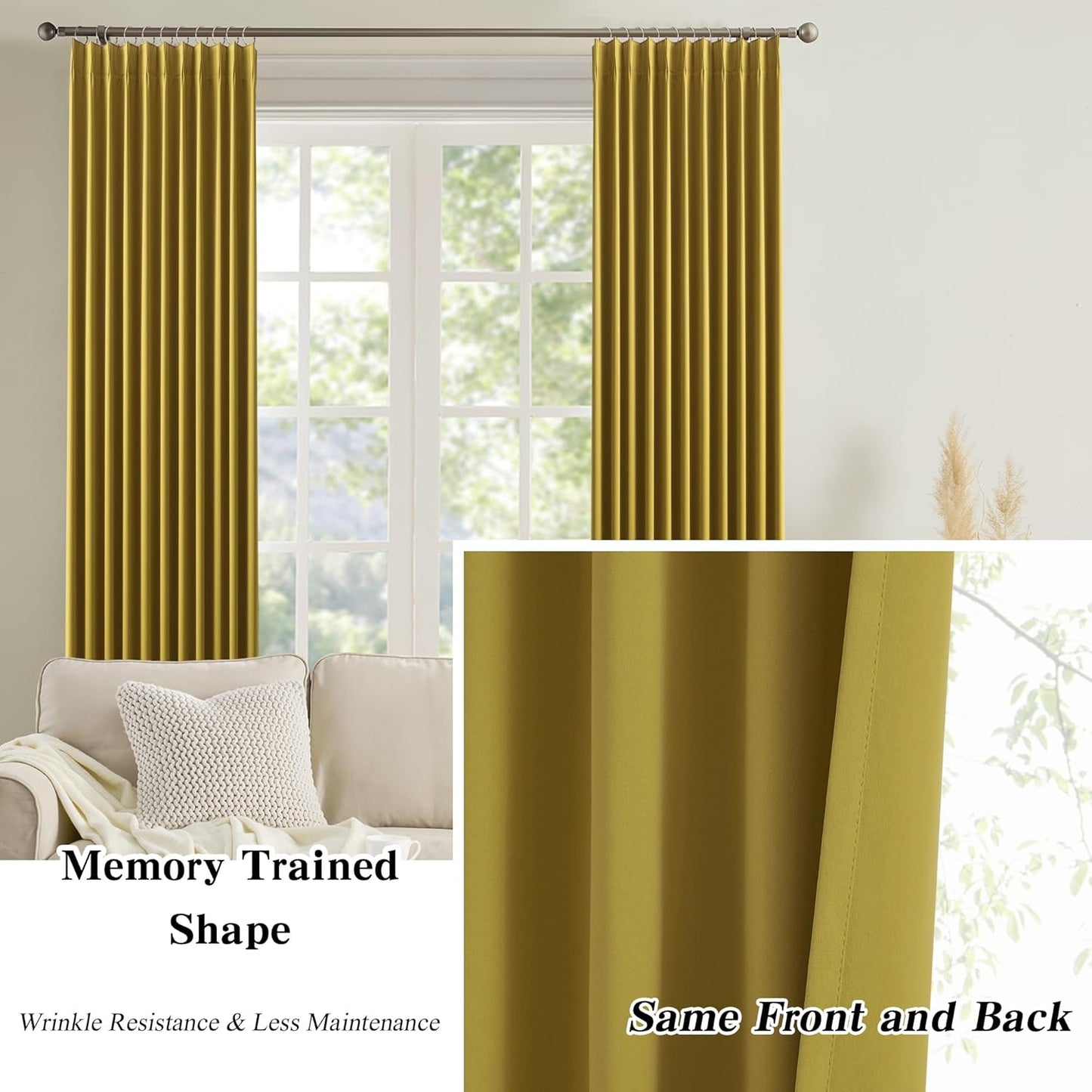 KEQIAOSUOCAI Yellow Pinch Pleated Curtains 63 Inch Length 2 Panels Set Noise Cancelling Window Drapes for Nursery Bedroom Living Room 40x63