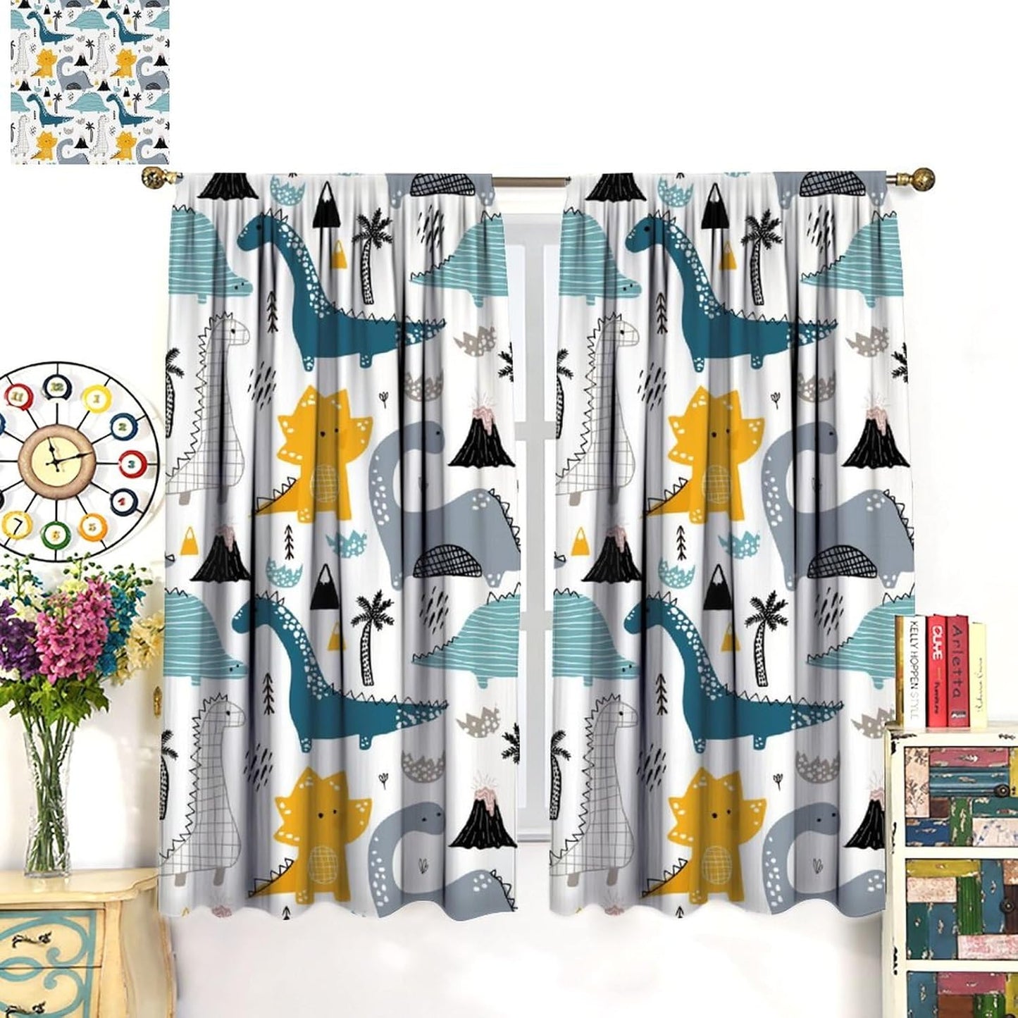 Kids Dinosaur Curtains for Boys Girls Bedroom Decor Cartoon Dino Colorful Cute Funny Wildlife Animal Printed Blackout Rod Pocket Window Drapes for Baby Nursery Playroom Living Room W36xL63in 2 Panels