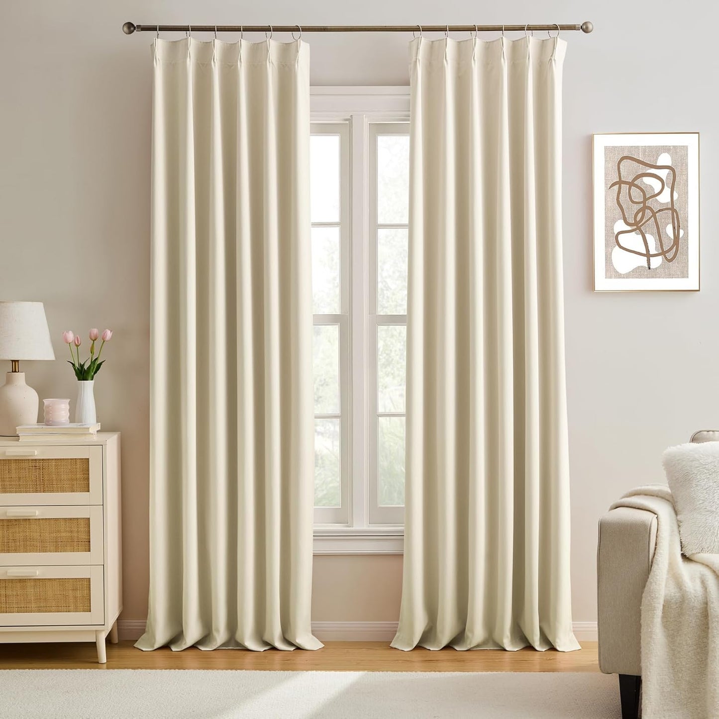 KEQIAOSUOCAI Pinch Pleated Curtains 156 Inches Long,Memory Shape Room Darkening Soundproof Window Curtains with Hooks for Bedroom Living Room Track System 40 x 156 x 2 Panels Cream Beige