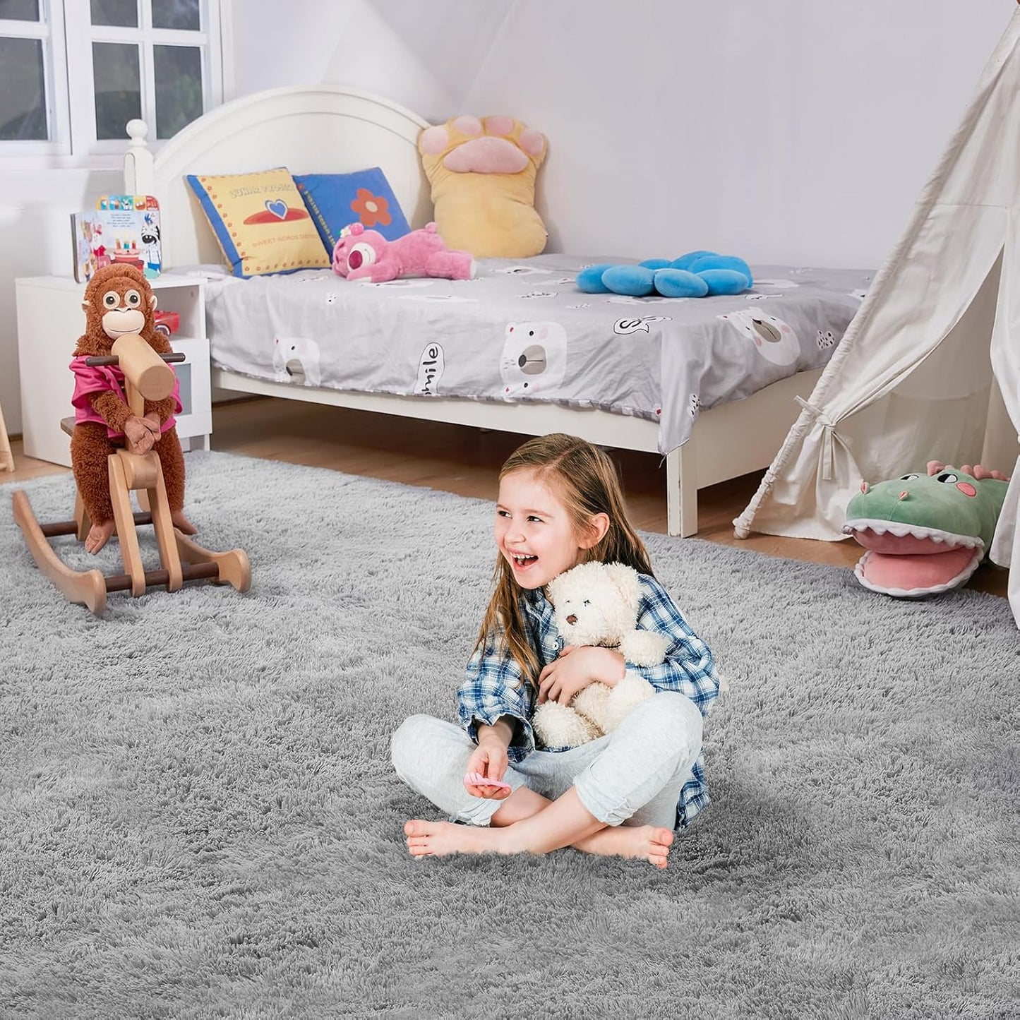Rugs for Living Room 6x9 Light Grey, Large Big Fluffy Shag Fuzzy Plush Soft Carpet for Bedroom, Kids Home Decor Aesthetic, Nursery, Modern Shaggy Area Rug for Classroom Office, Anti-Skid