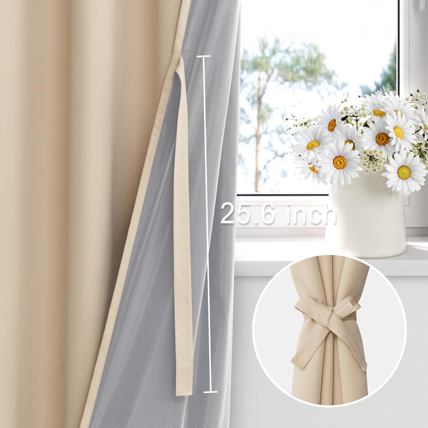 XWZO 100% Blackout Window Curtains with Tiebacks- Privacy Protection & Noise Blocking Window Draperies Rod Pocket with Black Liner for Bedroom/Living Room, Biscotti Beige, W42 x L72, Set of 2 Panels