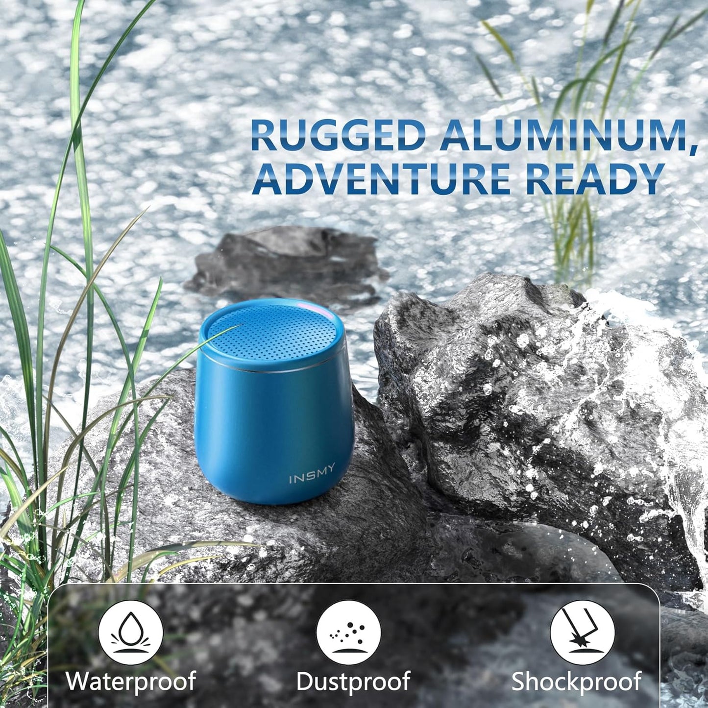INSMY Small Bluetooth Speaker, Waterproof Mini Portable Wireless Speaker, Punchy Bass Rich Audio Stereo Pairing, Handheld Pocket Size, Built in Mic for Hiking Gift Laptop Tablet (Blue)