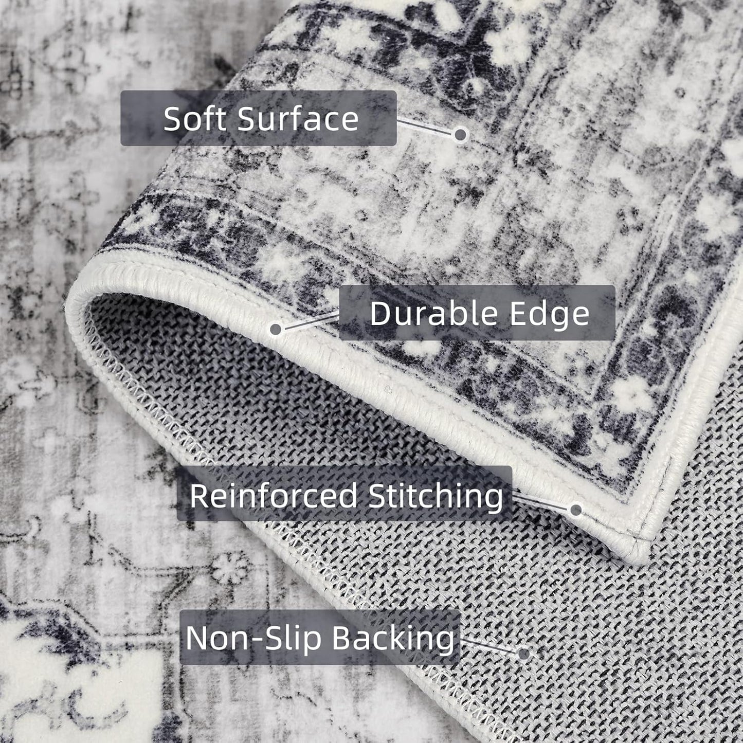 Deerly 5x7 Rug Washable Area Rugs for Living Room, Non Slip 5 x 7 Rug for Bedroom Dining Room, Low-Pile Kid & Pet Friendly Distressed Carpet Print Floor Rug Border Grey/Navy
