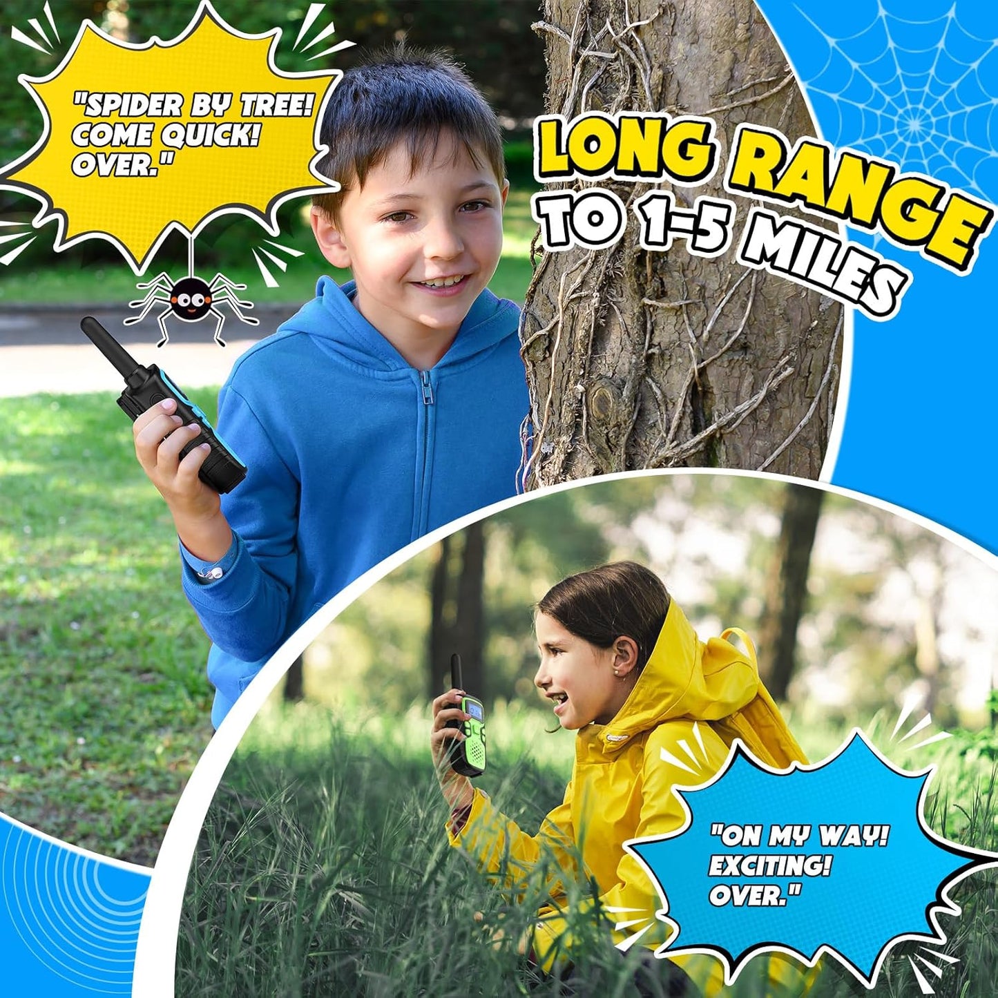 Wishouse Walkie Talkies for Kids Rechargeable Long Range,Xmas Birthday Gift for 4 5 6 7 8 9 Year Old Boys Girls,Hiking Gear Camping Games Cool Toys with NOAA,SOS Siren,Lamp,Lanyards,2 Pack Blue Yellow
