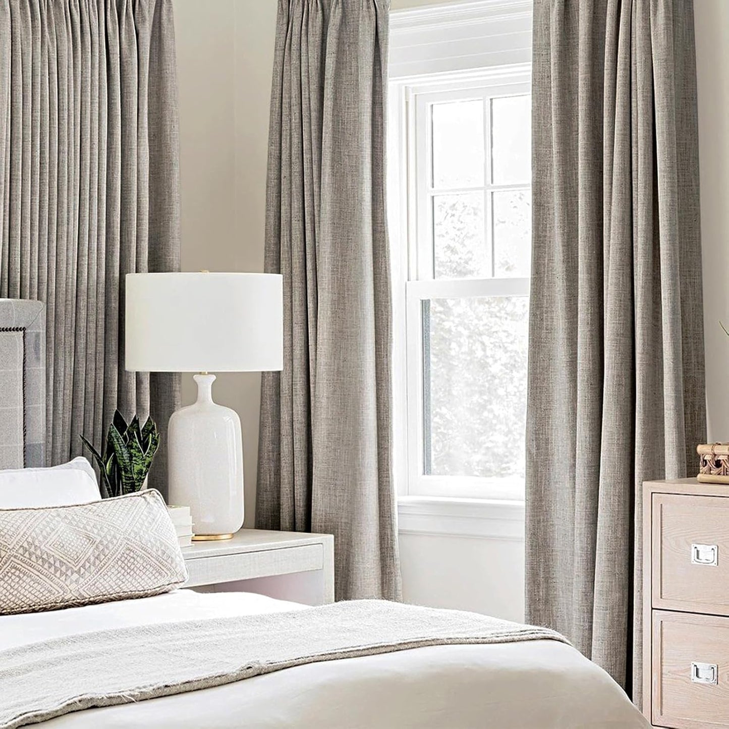 MIULEE 100% Blackout Linen Textured Curtains for Bedroom Solid Thermal Insulated Warm Taupe Grommet Room Darkening Curtains & Drapes Luxury Decor for Living Room Nursery 52 x 54 Inch (2 Panels)