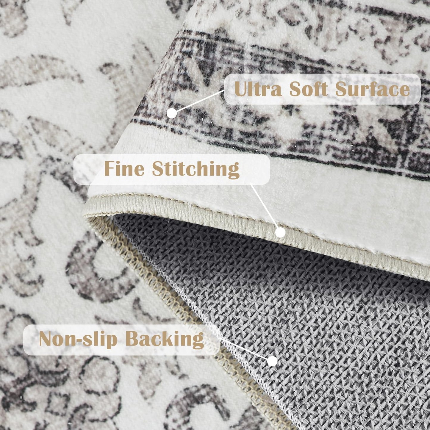 jinchan Floral 5x7 Area Rugs for Bedroom - Machine Washable Vintage Distressed Boho Design Throw Rug Stain Resistant Carpet Low-Pile Thin Non-Slip for Nursery Living Room Dining Room (5‘x7',Beige)