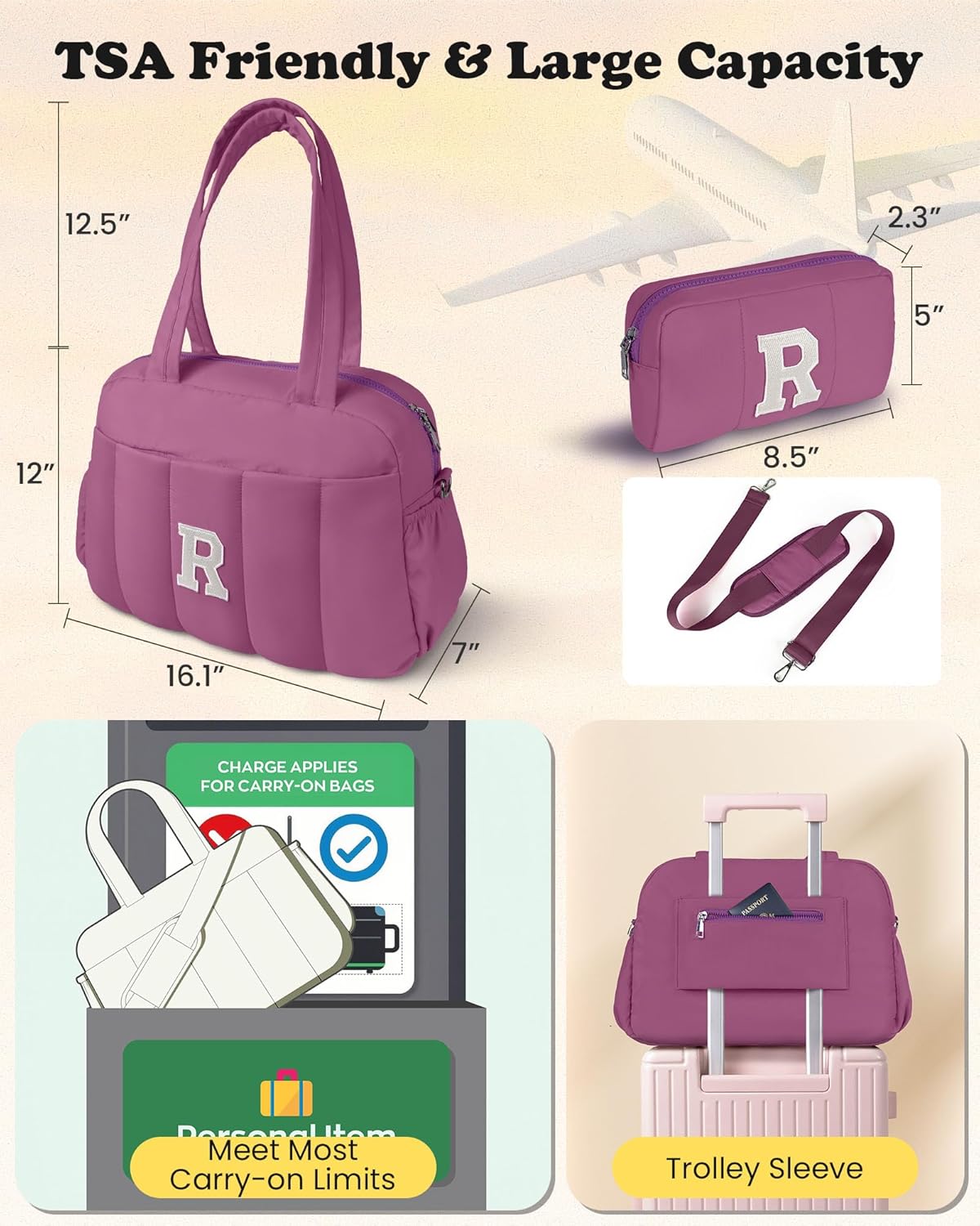 Duffle Bag with Initial, Spend The Night Bags for Women，Sweet Gift-Overnight Bag with Wet Pocket，Lightweight Travel Bags Personalized Gym Tote with Makeup Pouch