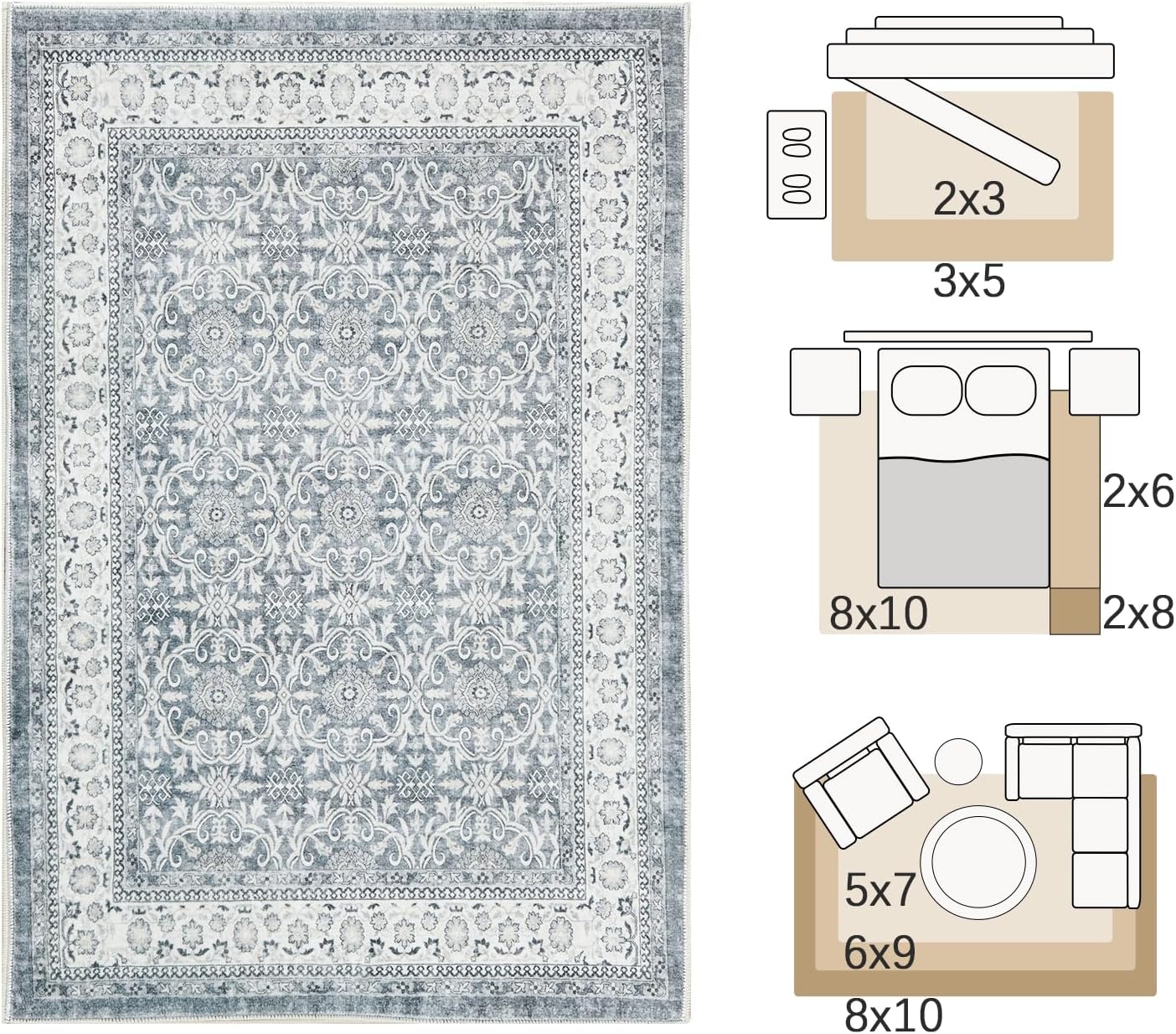 jinchan Floral 5x7 Area Rugs for Bedroom - Machine Washable Vintage Distressed Boho Design Throw Rug Stain Resistant Carpet Low-Pile Thin Non-Slip for Nursery Living Room Dining Room (5‘x7',Grey)