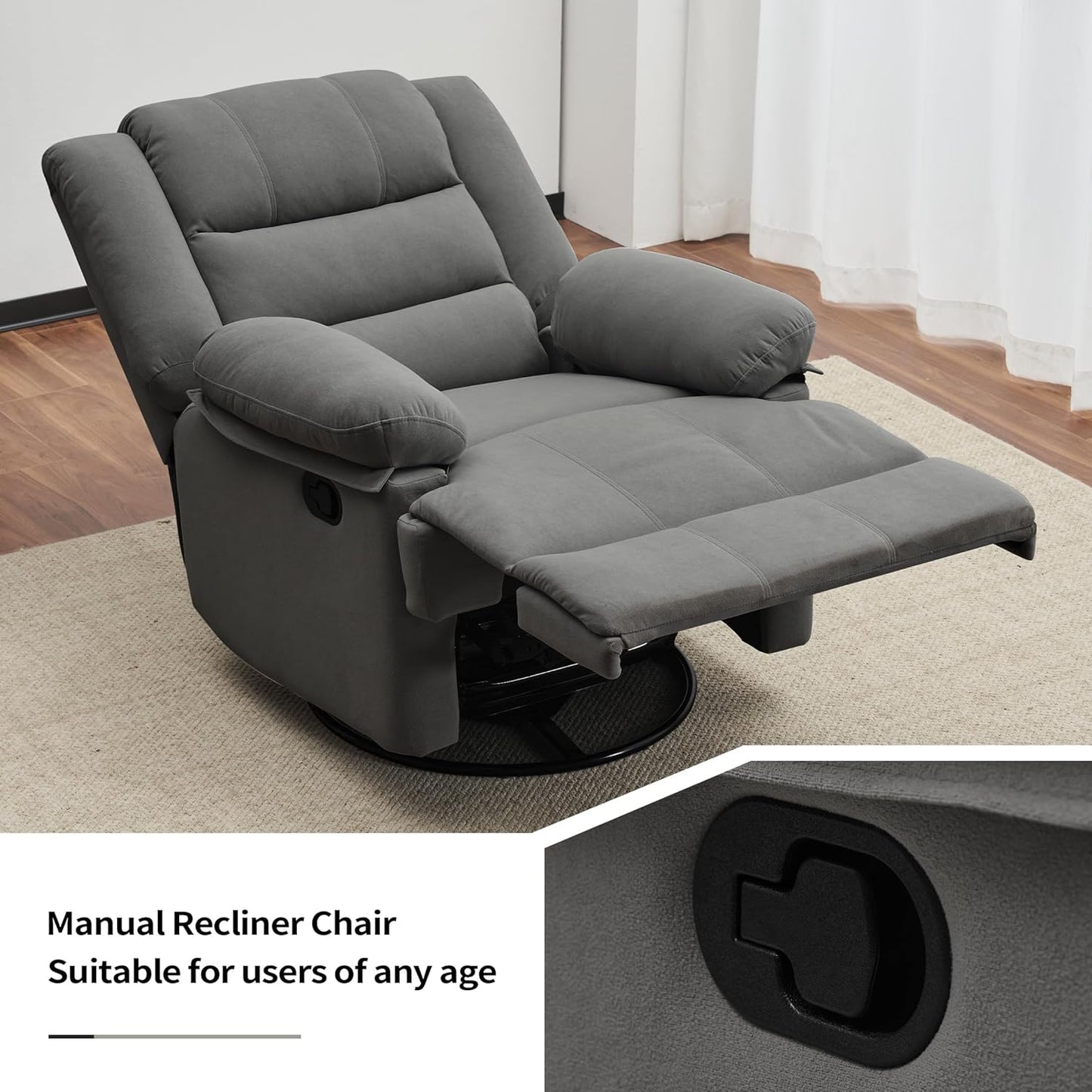 Swivel Rocking Recliner Chair for Adults, Overstuffed Manual Glider Rocker Recliner Chairs, Upholstered Reclining Single Sofa for Living Room Nursery (Grey)