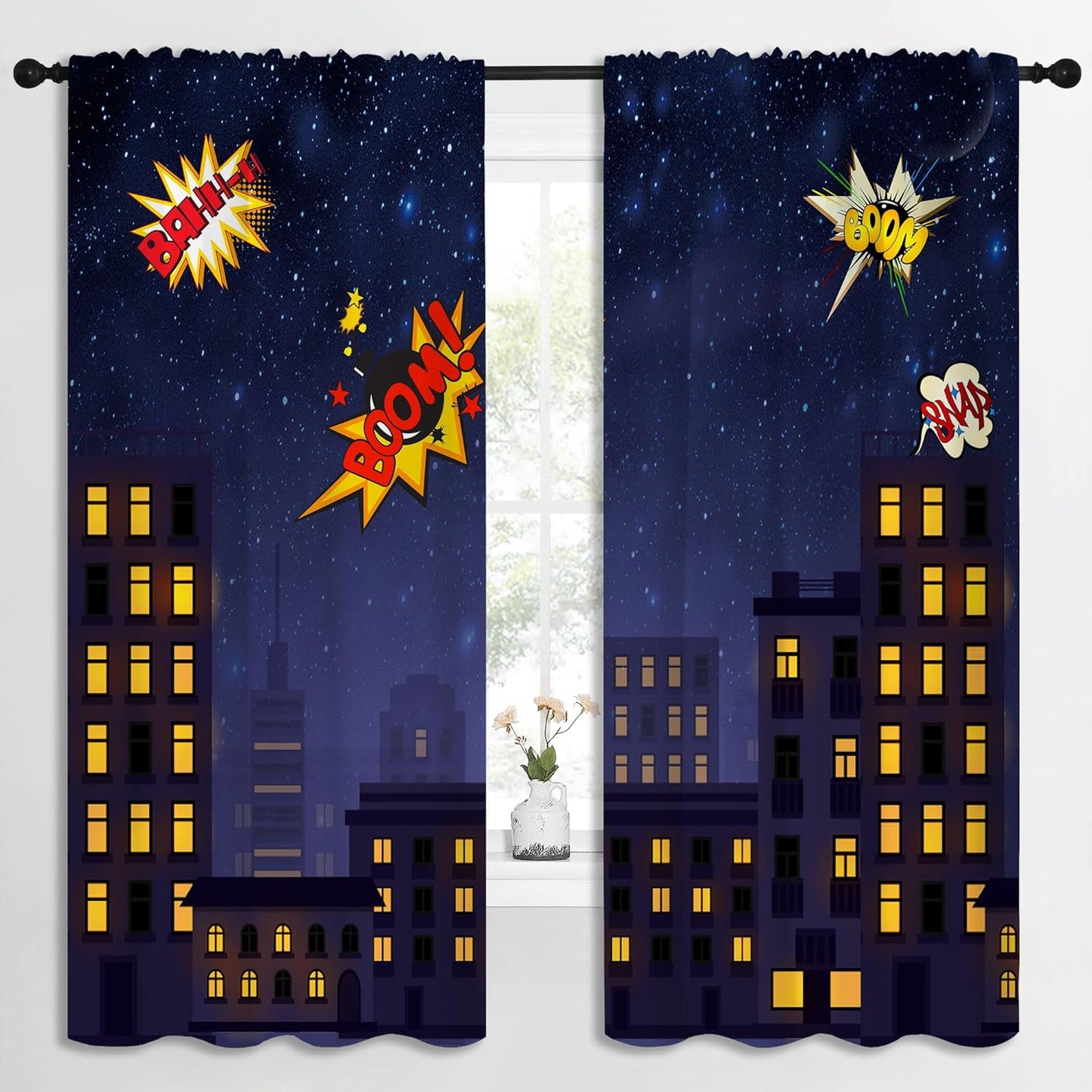 Super Hero Rod Pocket Blackout Curtains for Boy Girl Bedroom, Exploding City Starry Cartoon Skyline Thermal Insulated Home Window Drapes for Living Room Darkening, 72x63 inch