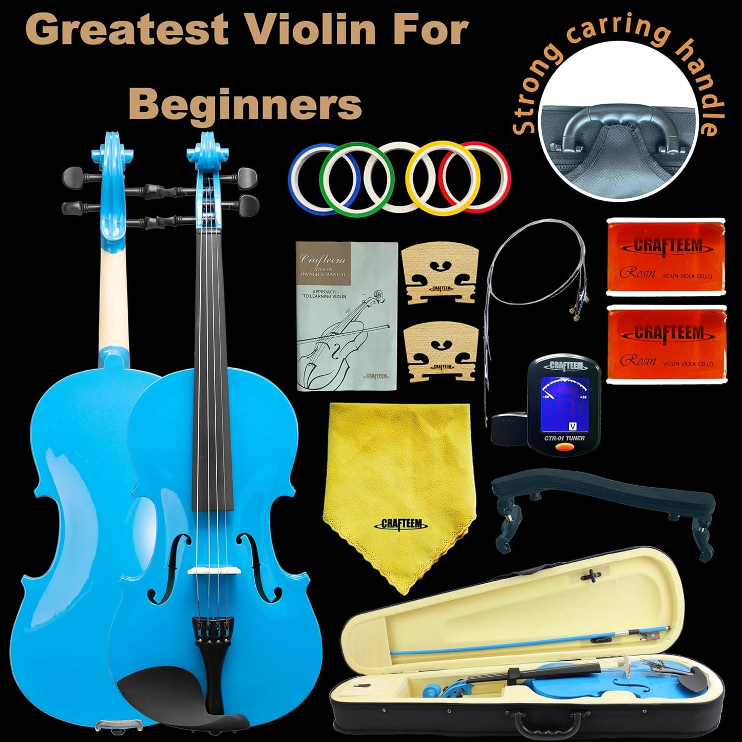4/4 Full Size Fiddle Blue Colored Premium Violin Outfit for Beginners Adults Kids With 5 Color Fingering Tape- Handcrafted Student Beginner Violin.(Blue, 4/4 Full)