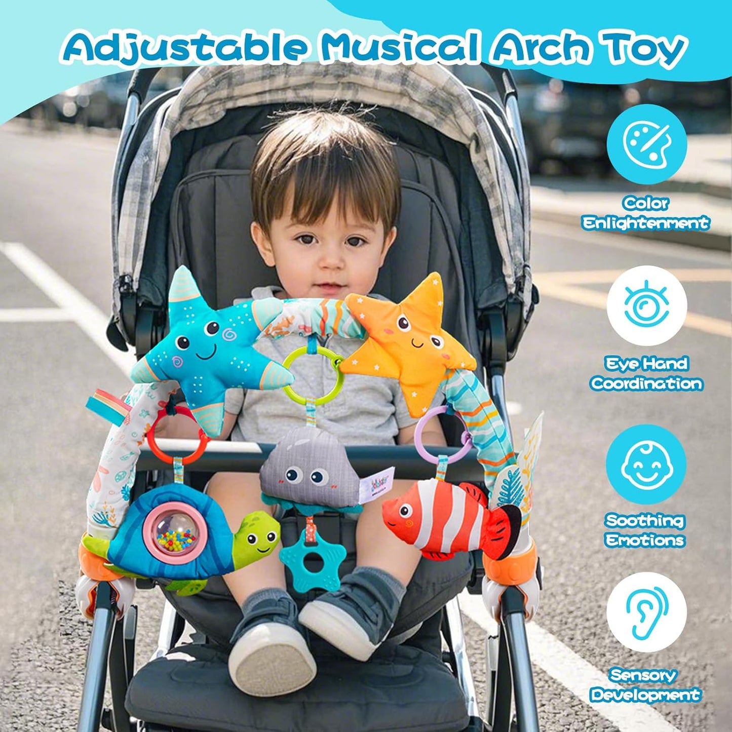 Jollybaby Musical Bassinet Stroller Crib Mobile Toy for Baby 0-6-12 Months, Infant Clip On Arch Hanging Toy with Music, Montessori Sensory Nursery Mobiles Attachment Toy for Newborn Gift - Starfish