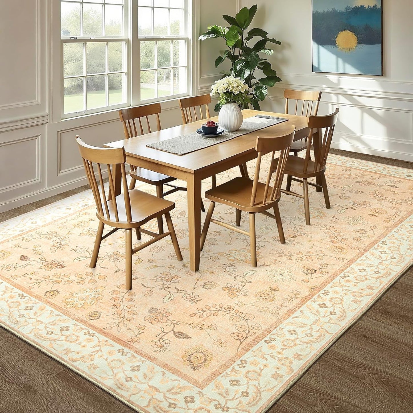 LOCHAS Washable Area Rugs 4x6, Peach Floral Rug for Living Room Bedroom Non Slip, Ultra Soft Vintage Indoor Carpet for Kids, Nursery, Dorm, Dining Room, Classroom, Boho Flower Home Decor, Low-Pile