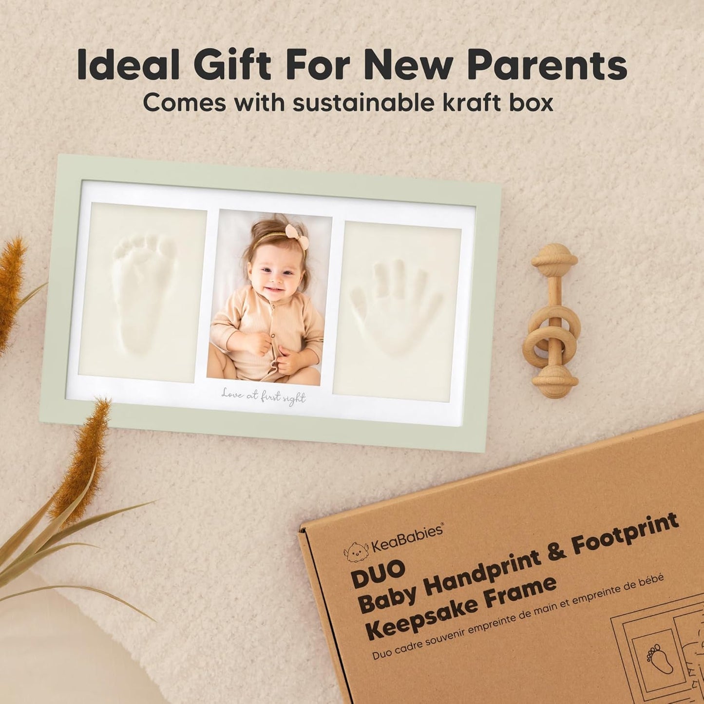 Baby Hand and Footprint Kit - Clay Handprint Keepsake Frame, Newborn Nursery Picture Frame, Personalized New Mom Gifts for Baby Shower & Registry (Sage)