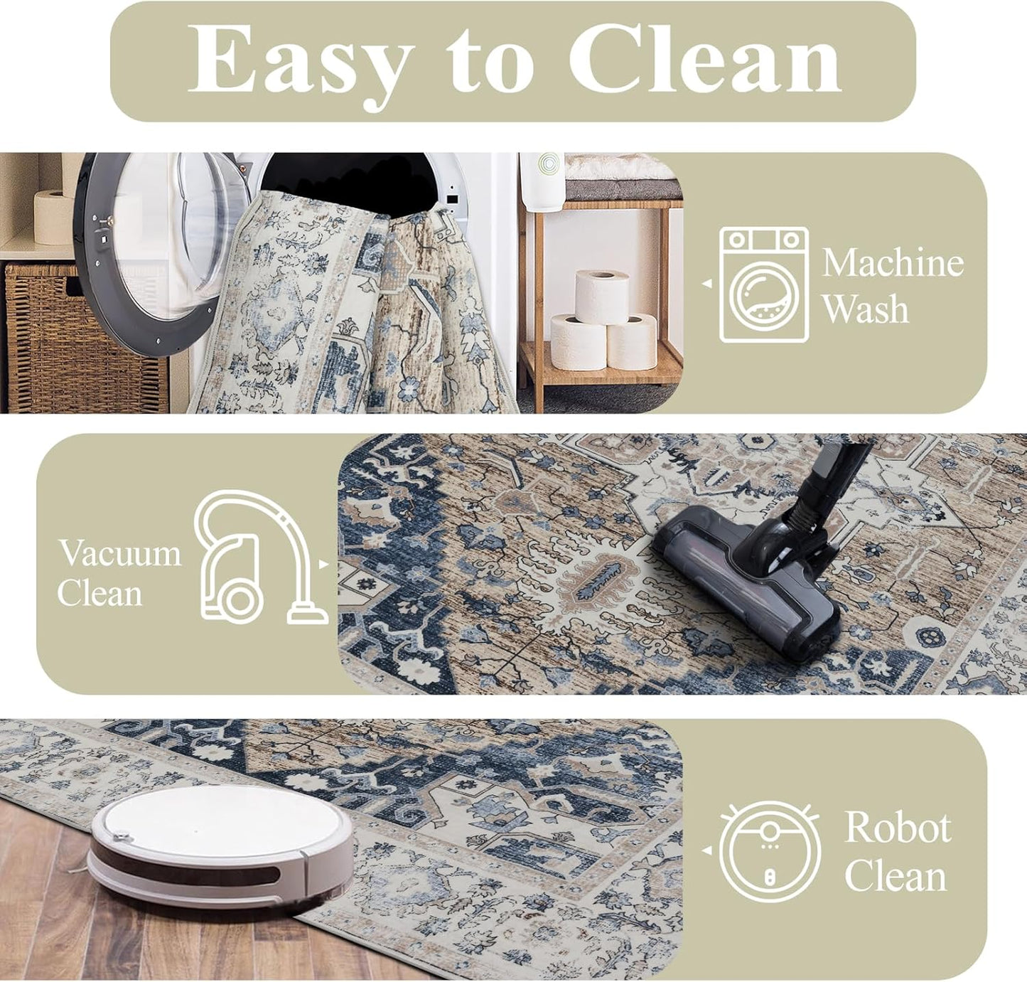 Washable 6x9 Area Rug for Living Room, Carpet for Bedroom Dining Room, Non Slip&Non-Shedding Resistant Low Pile Vintage Print Rug for Home Office (Taupe/Blue)
