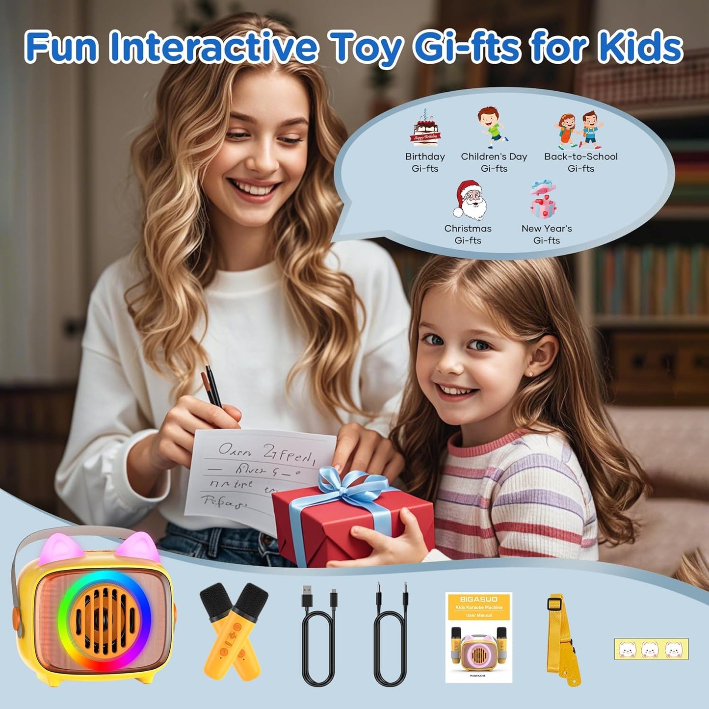 BIGASUO Karaoke Machine for Kids, Mini Portable Bluetooth Speaker with 2 Wireless Microphones and LED Lights, Kids Toys Ideal Gifts for Girls & Boys Birthday Home Party