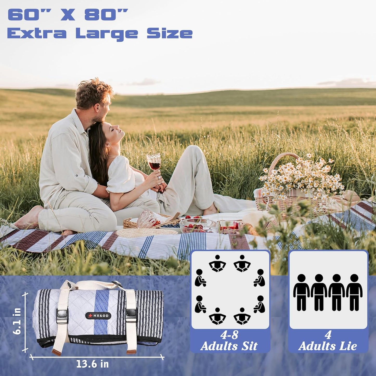 Waterproof Picnic Mat, Outdoor Camping Oversized Field Blanket. Portable Thickened Camping Blanket, Suitable for Beach, Camping, Music Festival, Party, Outdoor Adventure. (Black&Blue&White, 80”x60”)