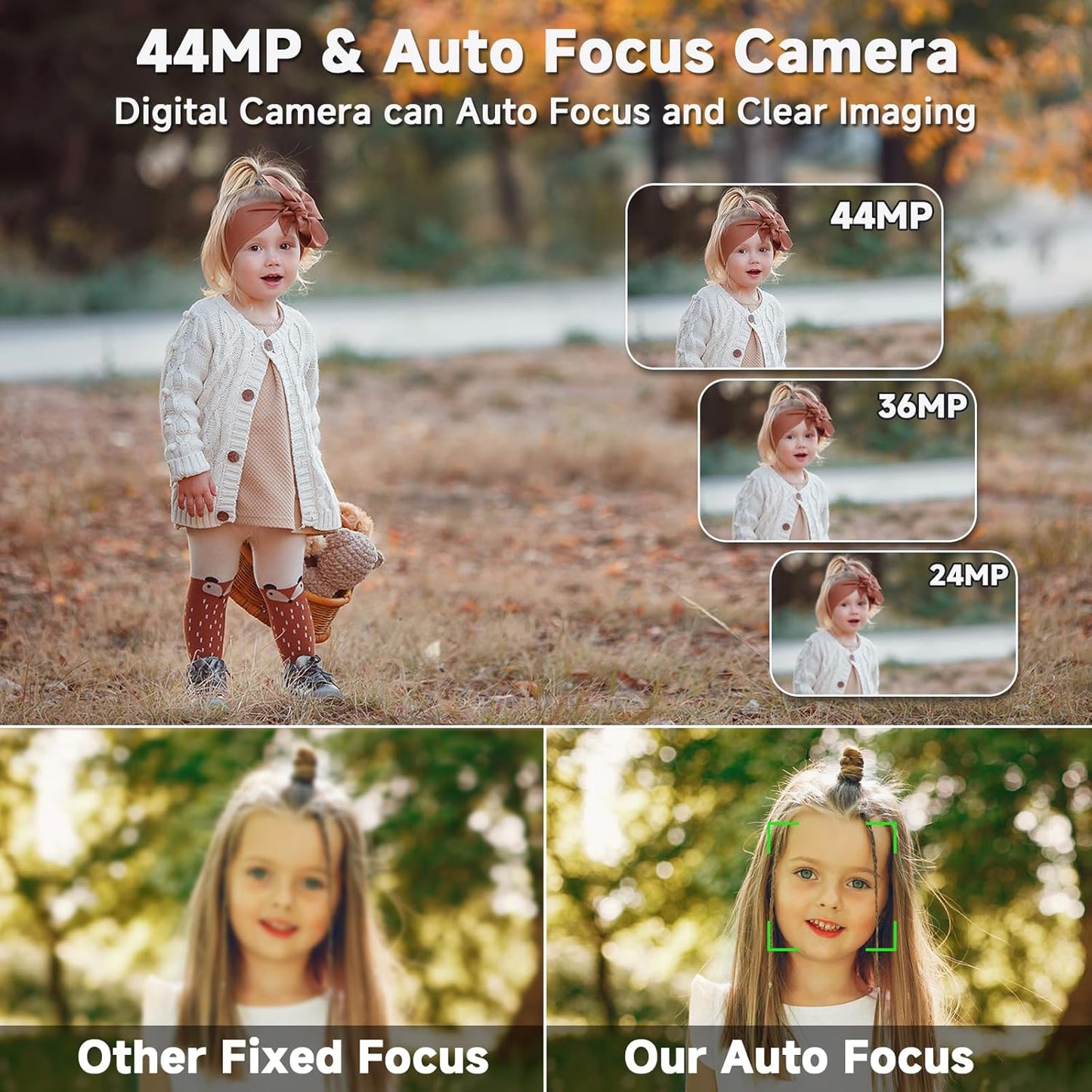 Digital Camera, 44MP FHD 4K Vlogging Camera for Kids Point and Shoot Cameras with 64GB Card, 16X Zoom Portable Compact Small Camera Gifts for Teens Boys Girls Adult Beginner