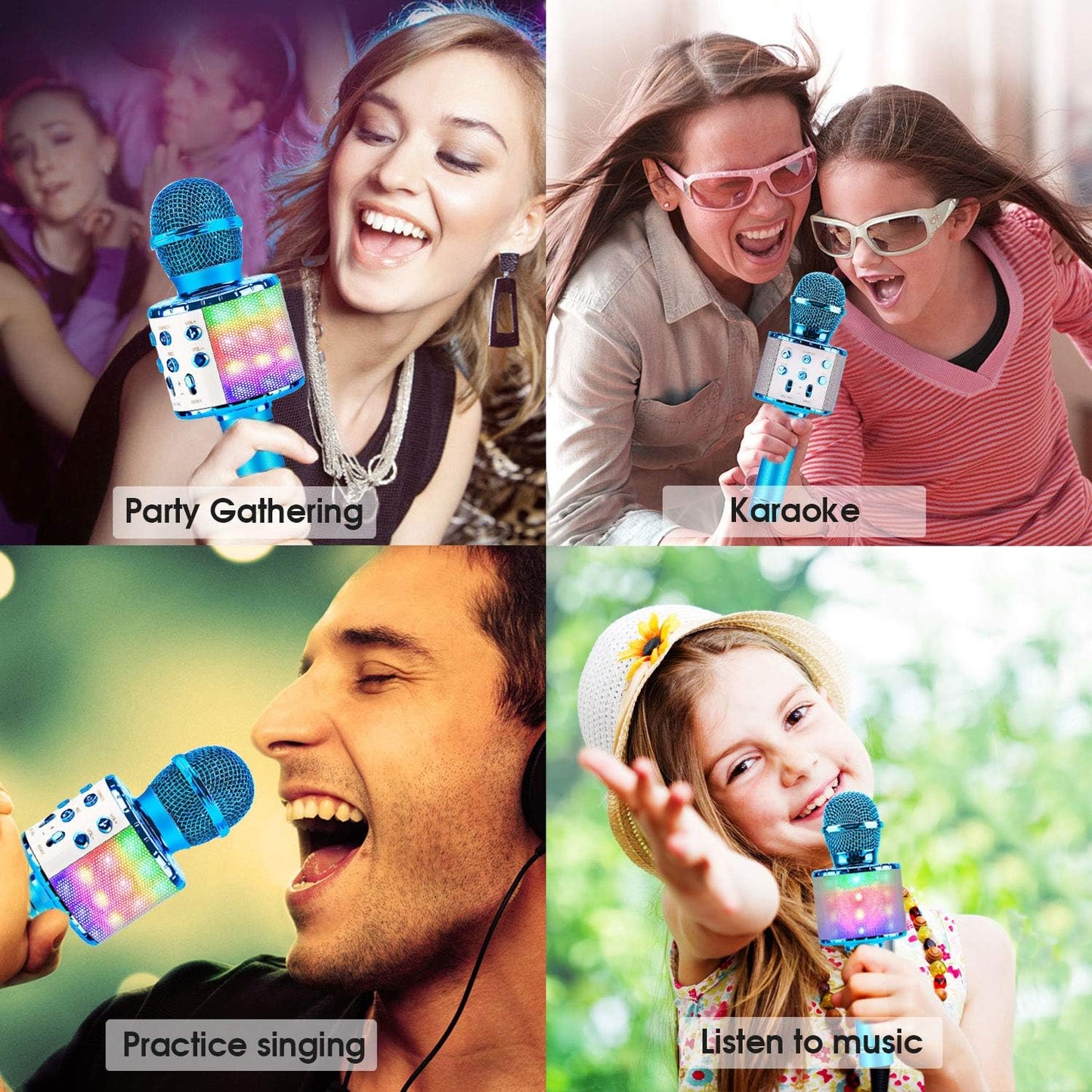 BlueFire 4 in 1 Karaoke Wireless Microphone with LED Lights, Portable Microphone for Kids, Great Toys for Kids, Girls, Boys and Adults (Blue)