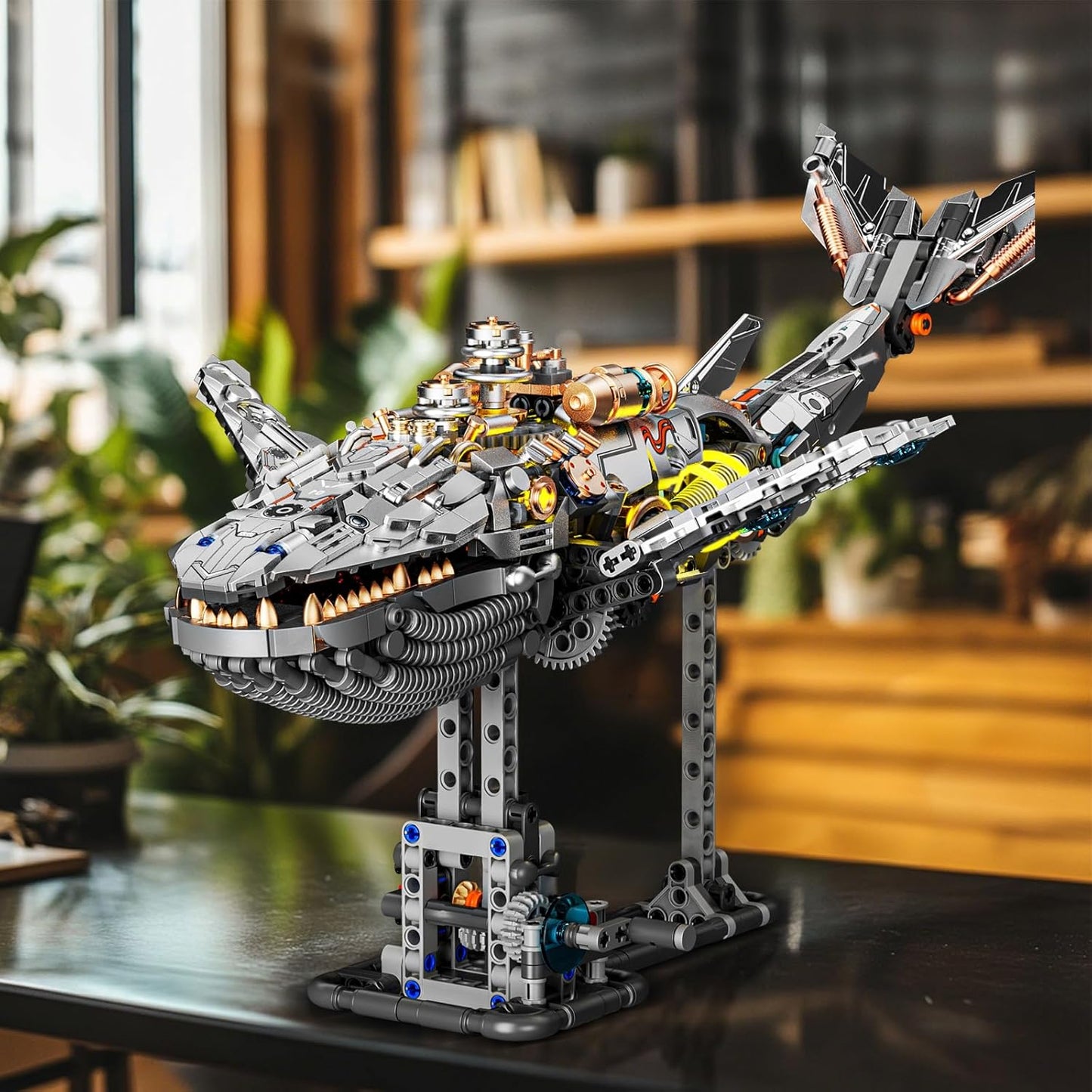 Mech Whale Building Kit with LED Lights, Compatible with Lego Shark, Creative Ocean Building Block Toys, Interactive Design, Home/Office Decor, Gift for Adult＆ Kids Age 12+