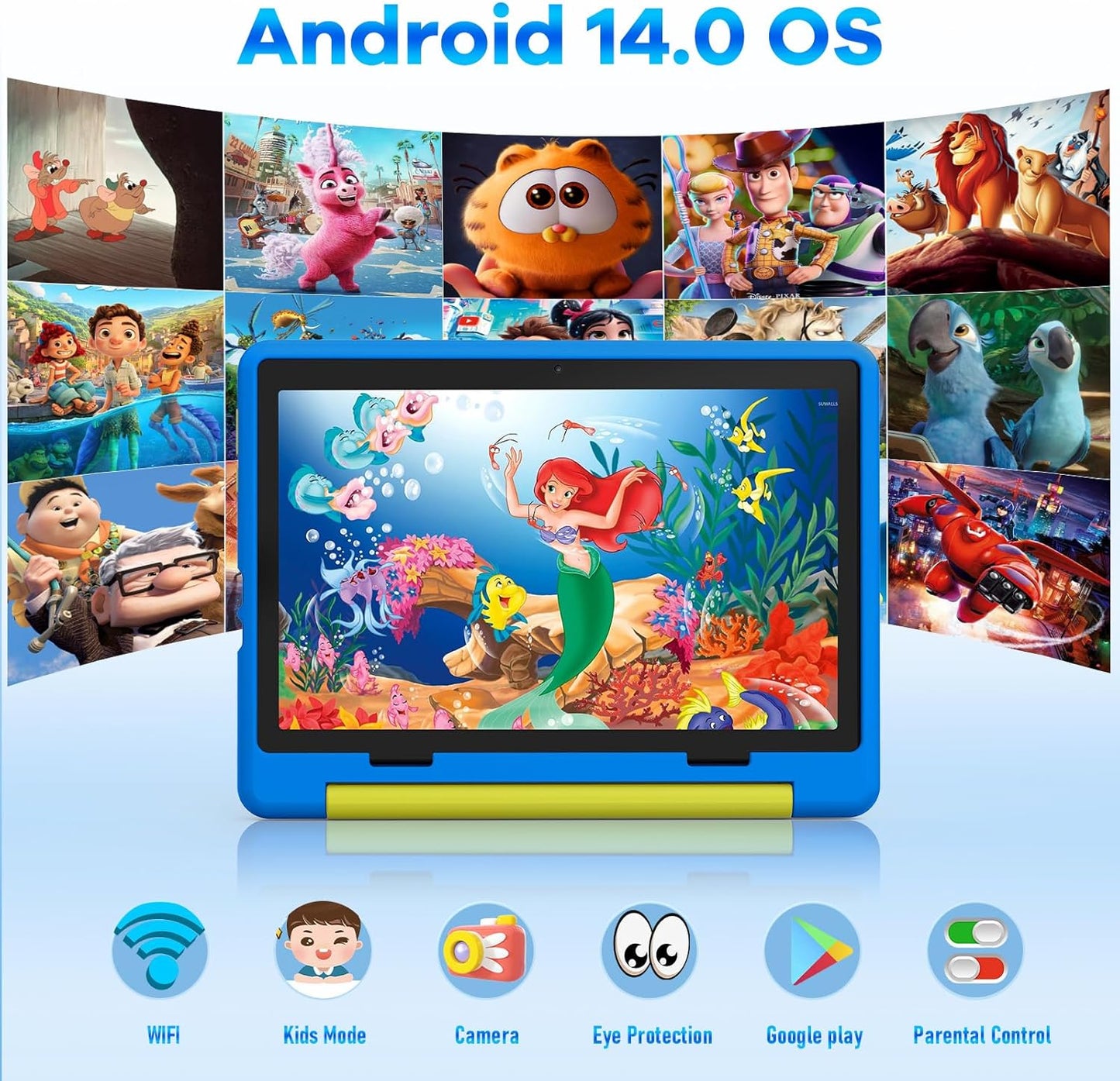Kids Tablet｜Upgraded Android 14 Tablet 10 inch for Kids with Protective Case｜Octa-Core｜64GB｜1TB TF Card Expandable｜Dual Camera｜Parental Control｜Great Gift for Toddler(Blue)