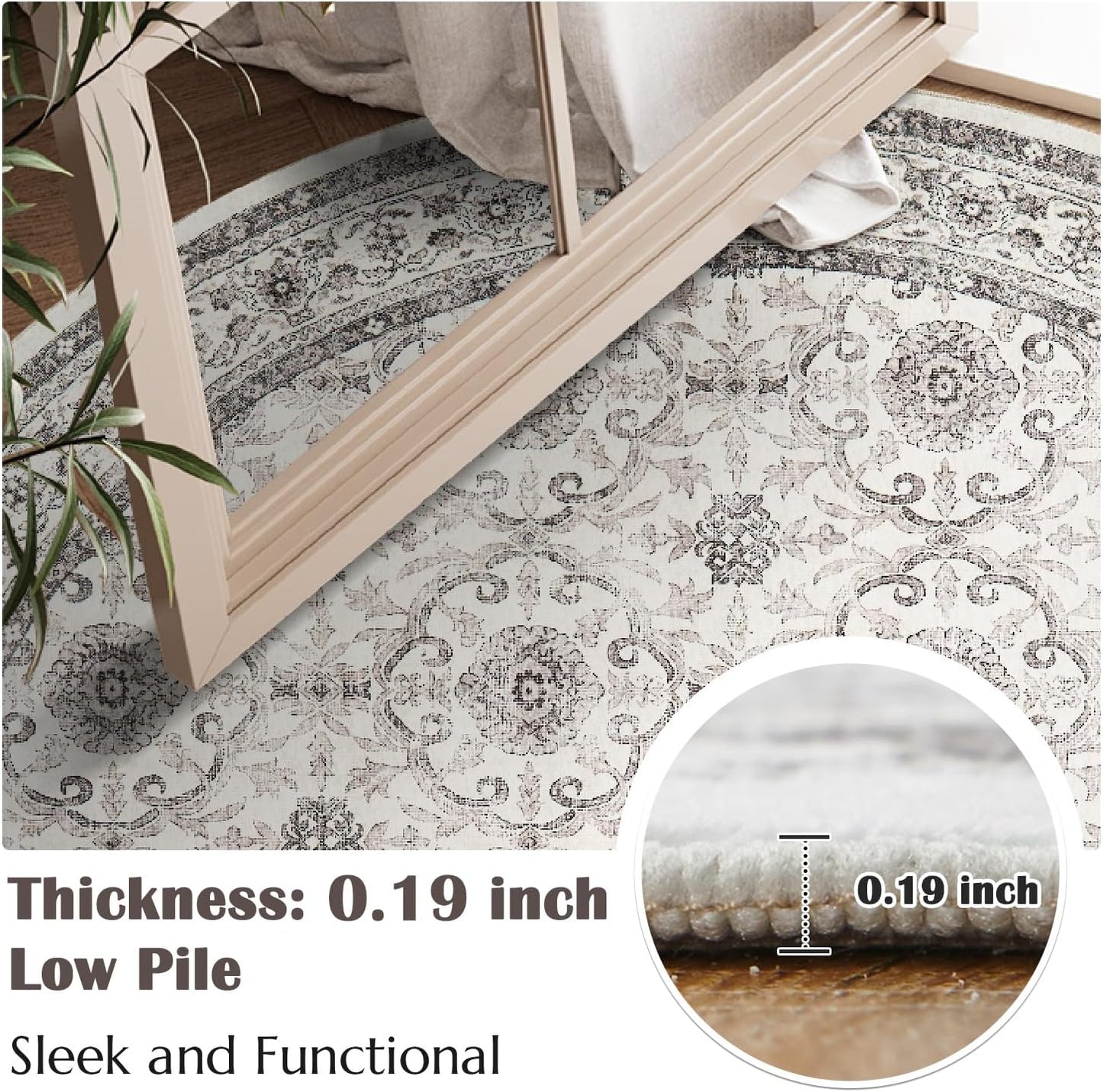 jinchan Round Rug 7ft Washable Circle Soft Rug - Low Pile Vintage 7'Round Indoor Beige Floral Print Stain Resistant Boho Carpet Ultra-Thin Non-Slip for Living Room Bedroom Dining Room Kitchen