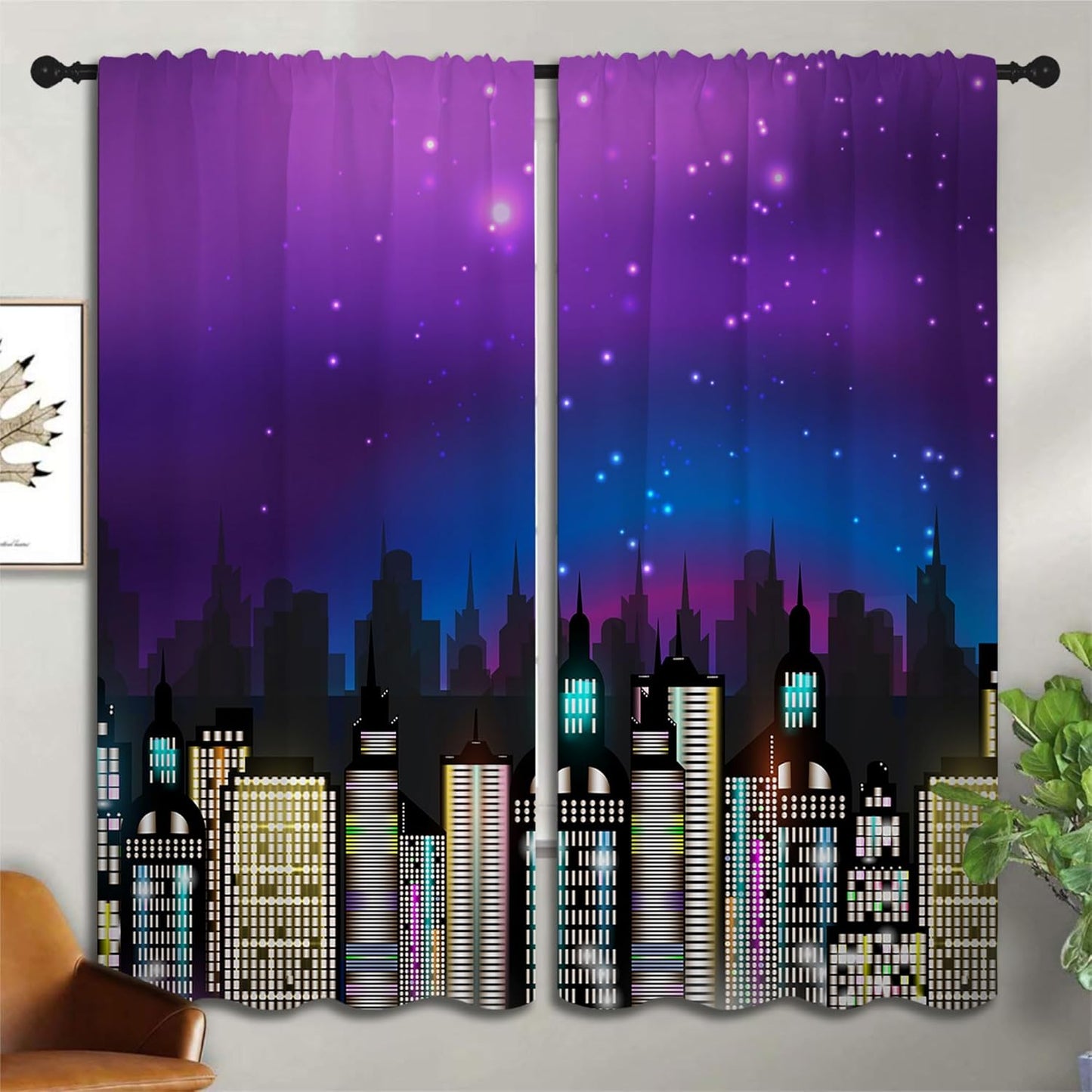 Superhero Rod Pocket Blackout Curtains for Boy Girl Bedroom, Super City Skyline Buildings Night Panorama Thermal Insulated Home Window Drapes for Living Room Darkening, 72x63 inch