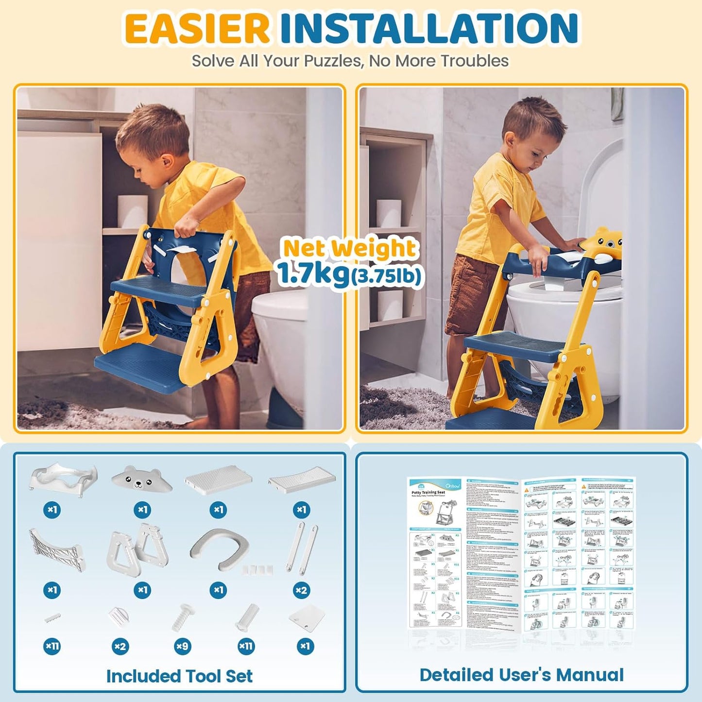 Orzbow 2-IN-1 Potty Training Seat with Step Stool, Height Adjustable Toilet Seat for Toddler, Potty Training with Splash Guard for Kids Boys Girls, Stability Ladder and Anti-Slip Pad, Yellow