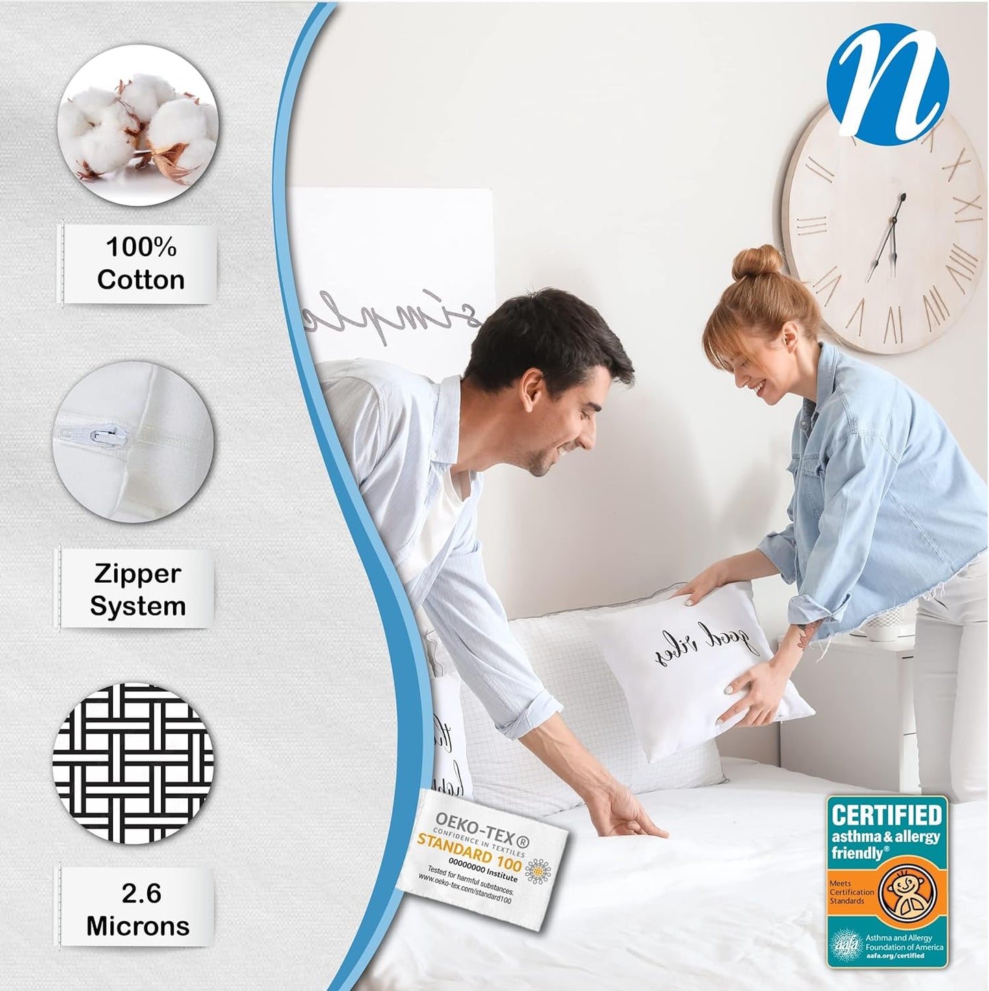National Allergy Superior 100% Cotton Queen Mattress Protector Zippered - 60" x 80" x 9" - Hypoallergenic Bed Encasement - Breathable Dust Proof Cover - AAFA & Oeko-TEX Standard 100 Certified