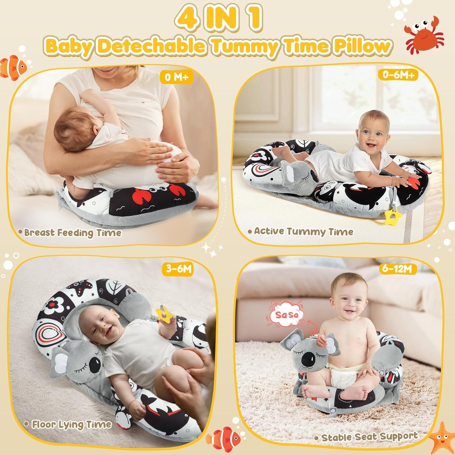 URMYWO Tummy Time Mat - 4 in 1 Cozy Tummy Time & Seated Support Pillow, Tummy Time Pillow for Newborn 0-12 Months, Infant Baby Sit Me Up Floor Seat Early Sensory Development Gifts Tummy Time Play Toys