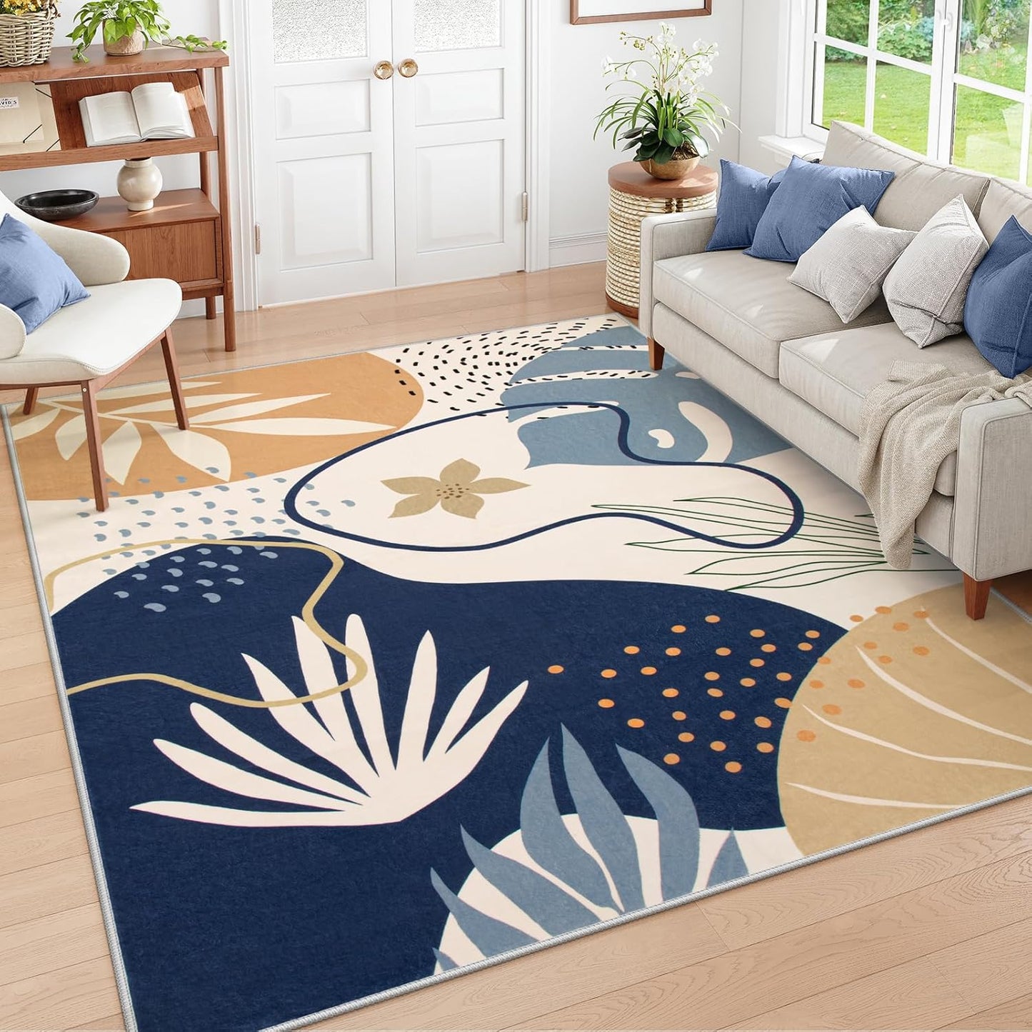 Lahome Rug for Living Room - 5x7 Area Rug Washable Non-Slip Bedroom Carpet Ultra-Thin Throw Cute Soft Kids Nursery Rug, Boho Botanical Print Stain Resistant Indoor Rugs for Dorm Entryway Office
