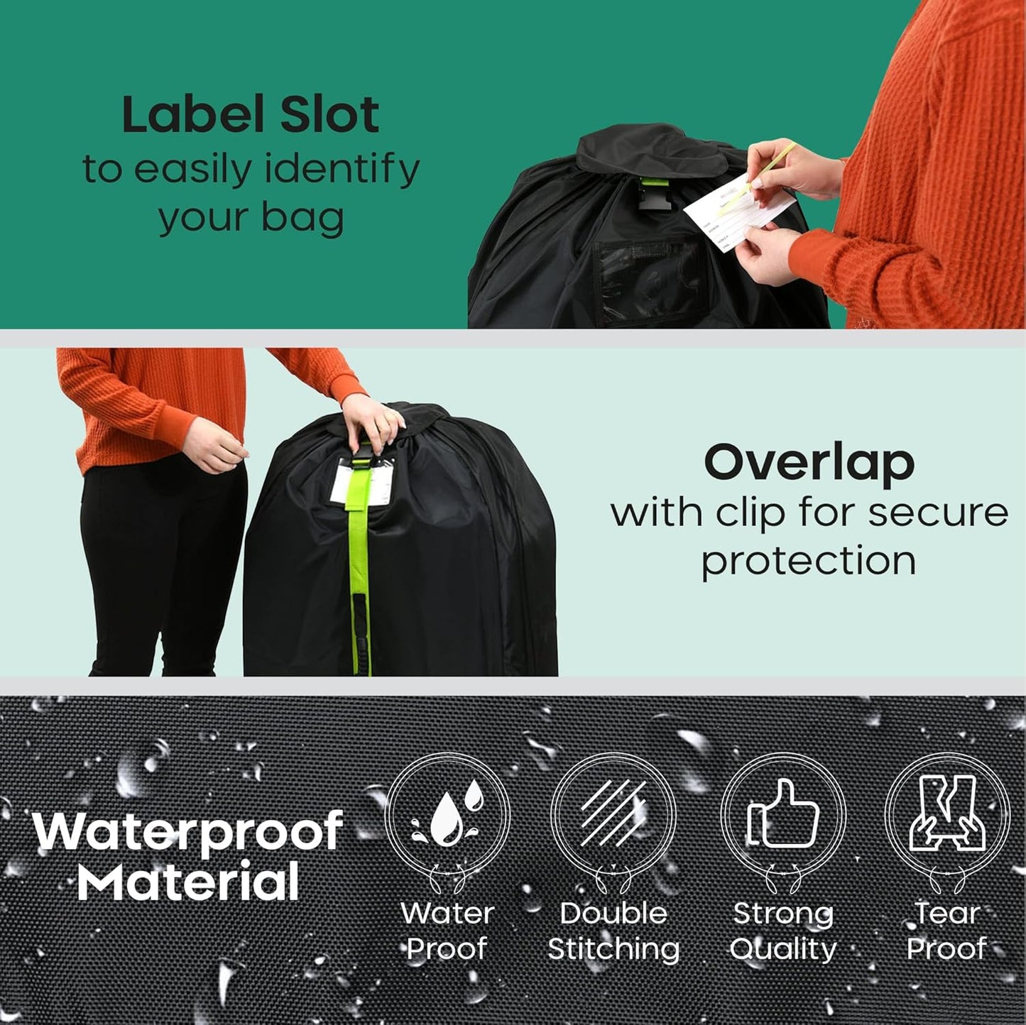 reperkid Large Stroller Bag for Airplane Travel, Black & Green, 47" H x 24" W x 15" D, Fits Most Large, Single, Double, Jogging Strollers – Premium Waterproof Cover, Adjustable Shoulder Straps