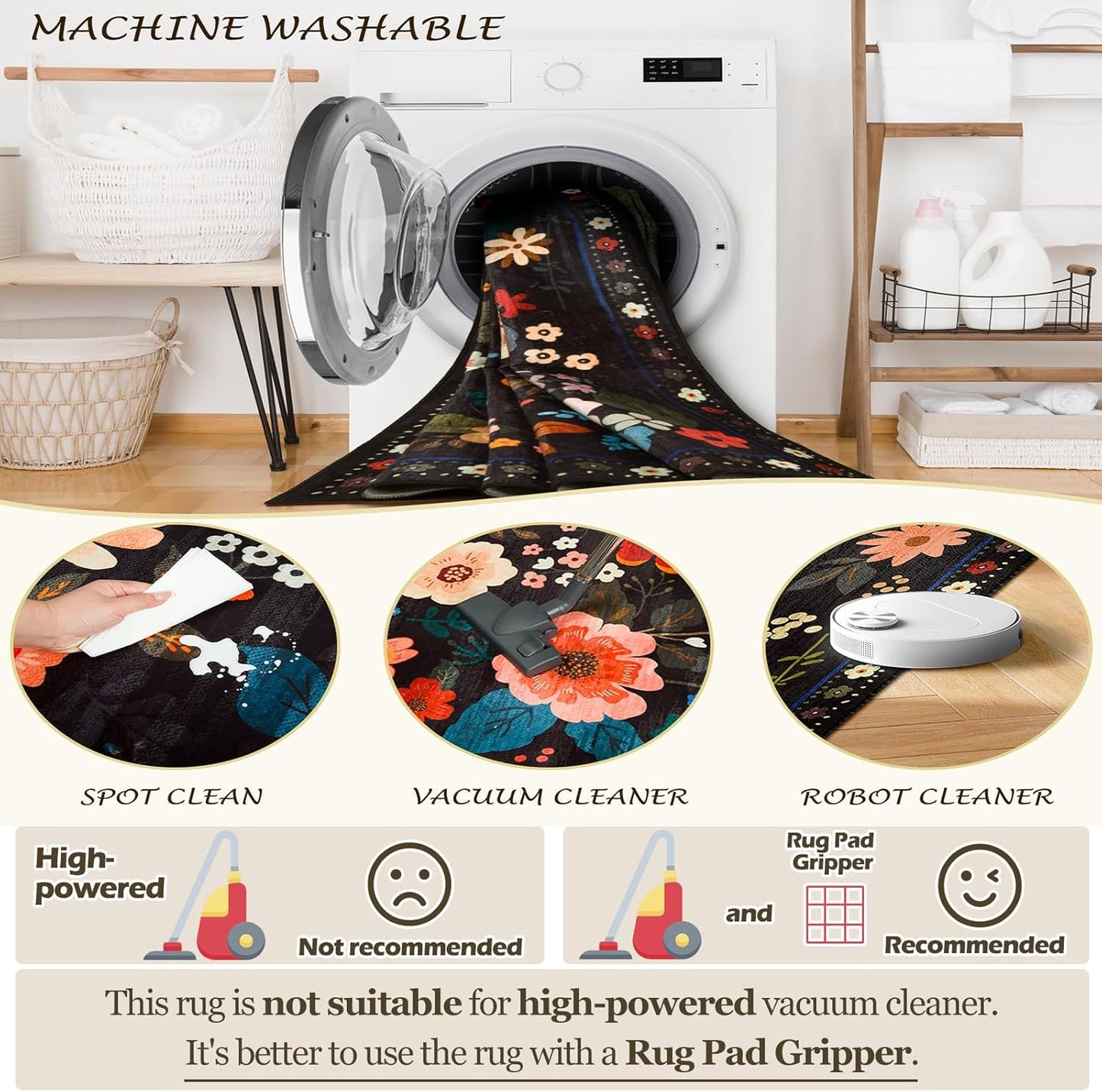 Floral 6ft Area Rug Machine Washable Soft Print Boho Carpet Non Slip Doormat Low Pile Flower Area Rugs for Living Room Bedroom Nursery Kitchen Dining Room Indoor-Black