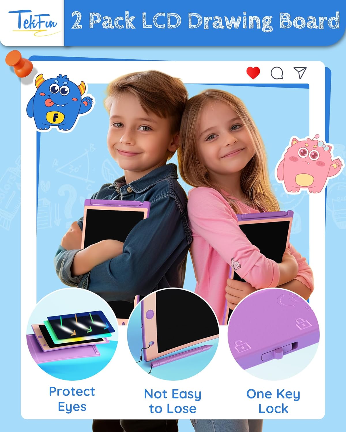 TEKFUN 2 Pack LCD Writing Tablet with Pen Cord, 8.5in Erasable Doodle Board Mess Free Drawing Pad for Kids, Car Trip Educational Toys Birthday for 3 4 5 6 7 Girls Boys (2*Purple)