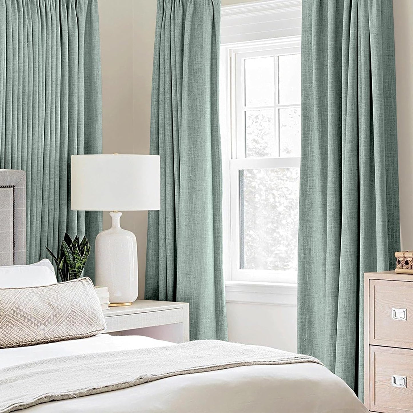 MIULEE Linen Texture 90 Inches Curtains for Bedroom 100% Blackout Thermal Insulated Seafoam Green Curtains Grommet Room Darkening Drapes for Living Room Nursery 52x90 Inch (2 Panels)