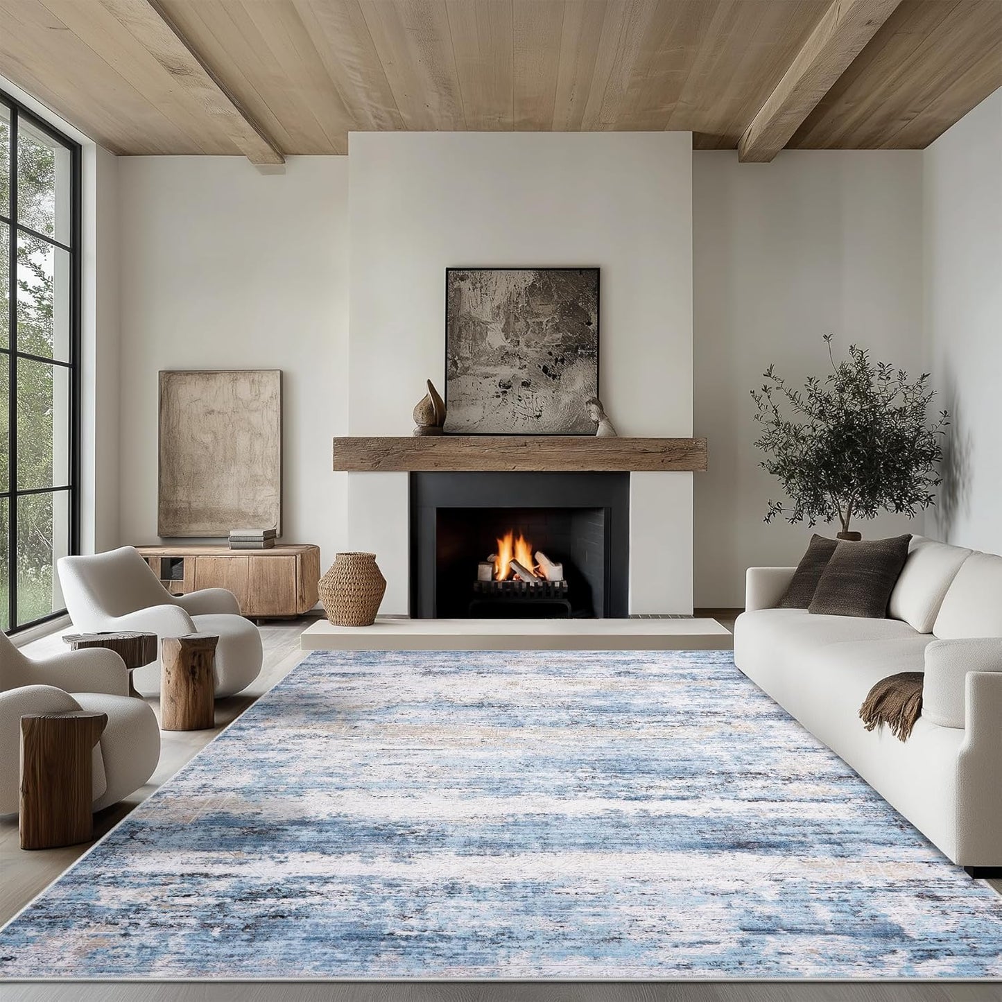 6x9 Area Rug Living Room Rugs - Washable Rug Large Modern Abstract Soft Thin Carpets Indoor Floor No Slip Vintage Carpet for Bedroom Under Dining Table Nursery Home Office Decor Blue