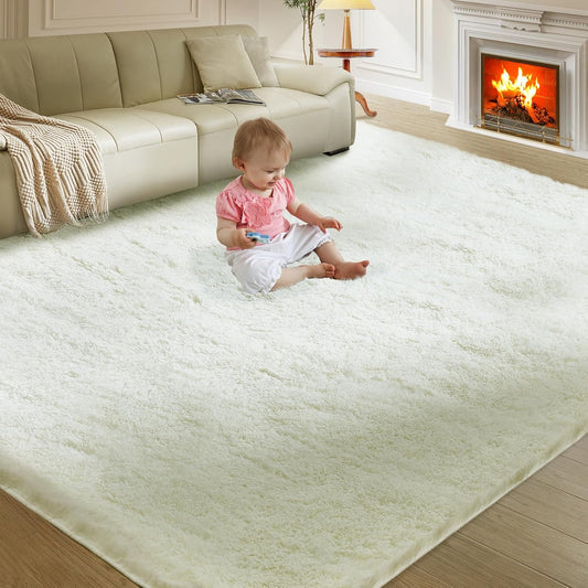 Ultra Soft Rug for Living Room, 9X12 Fluffy Shag Area Rug for Bedroom, Modern Shaggy Carpets Fuzzy Rug for Teens Dorm Nursery Home Decor Aesthetic, Upgrade Anti-Skid Durable, Cream White