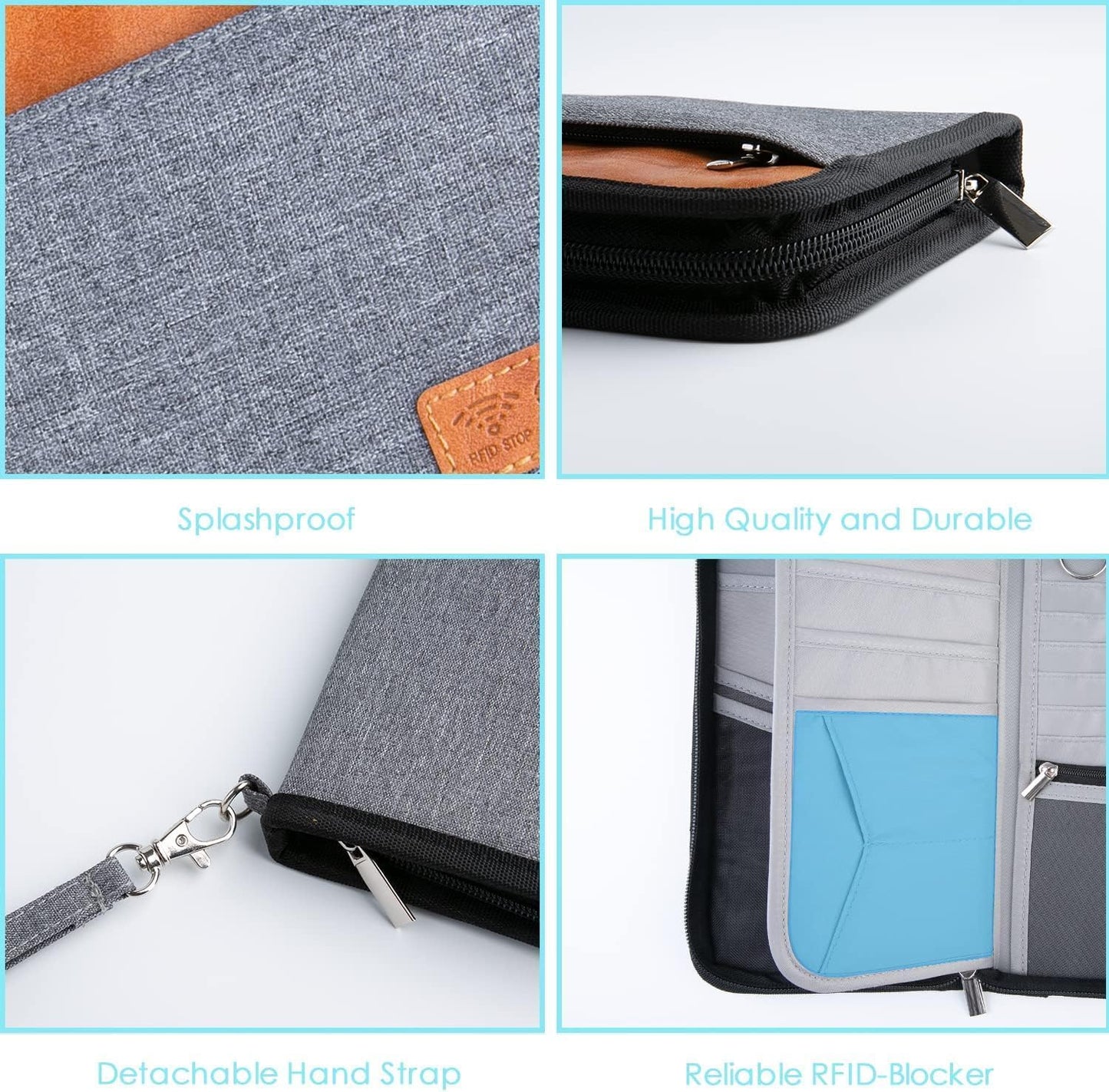 Real Leather Wallet RFID Family Passport Holder Waterproof Travel Essentials (Grey)