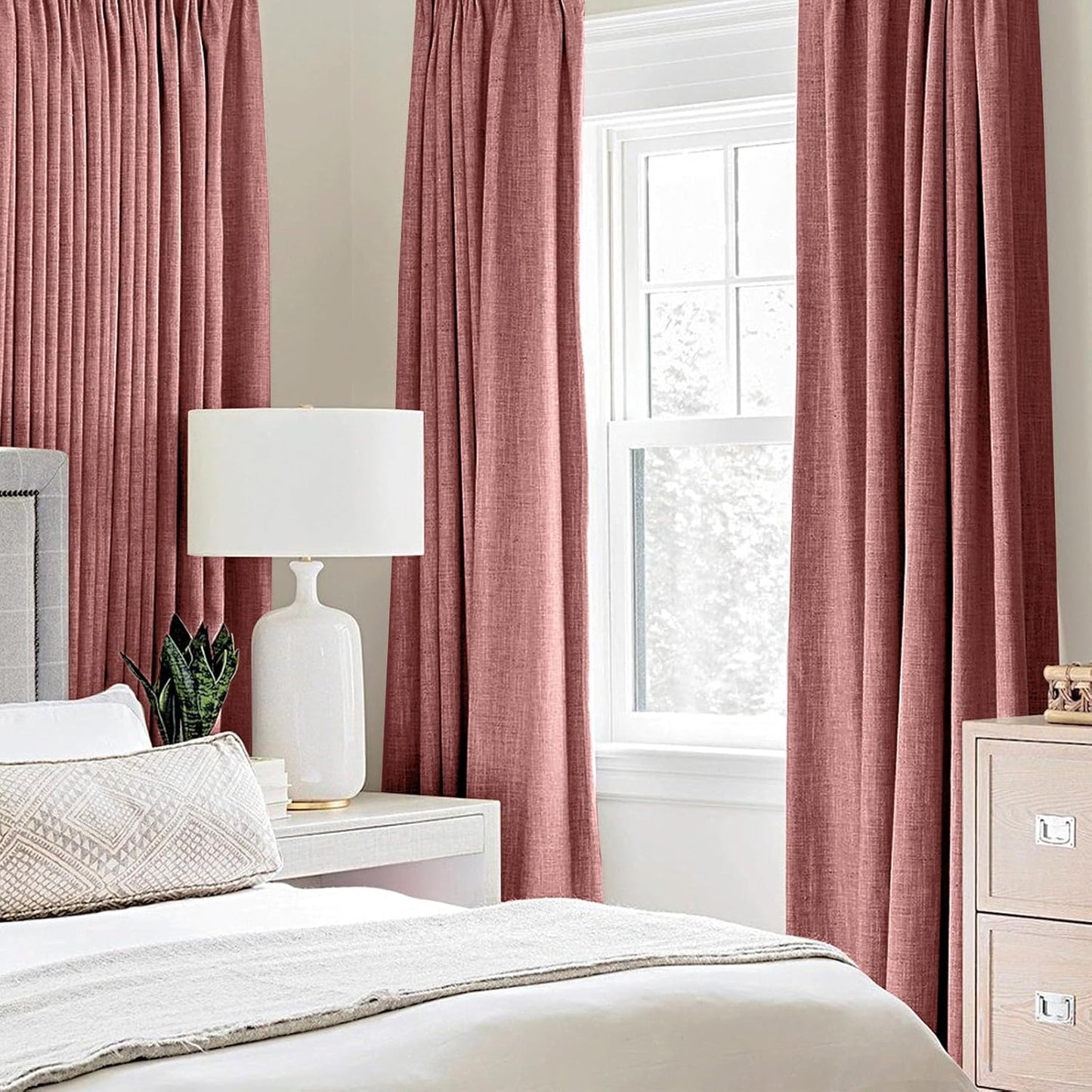 MIULEE 100% Blackout Linen Textured Curtains for Bedroom Solid Thermal Insulated Dusty Rose Grommet Room Darkening Curtains & Drapes Luxury Decor for Living Room Nursery 52 x 84 Inch (2 Panels)