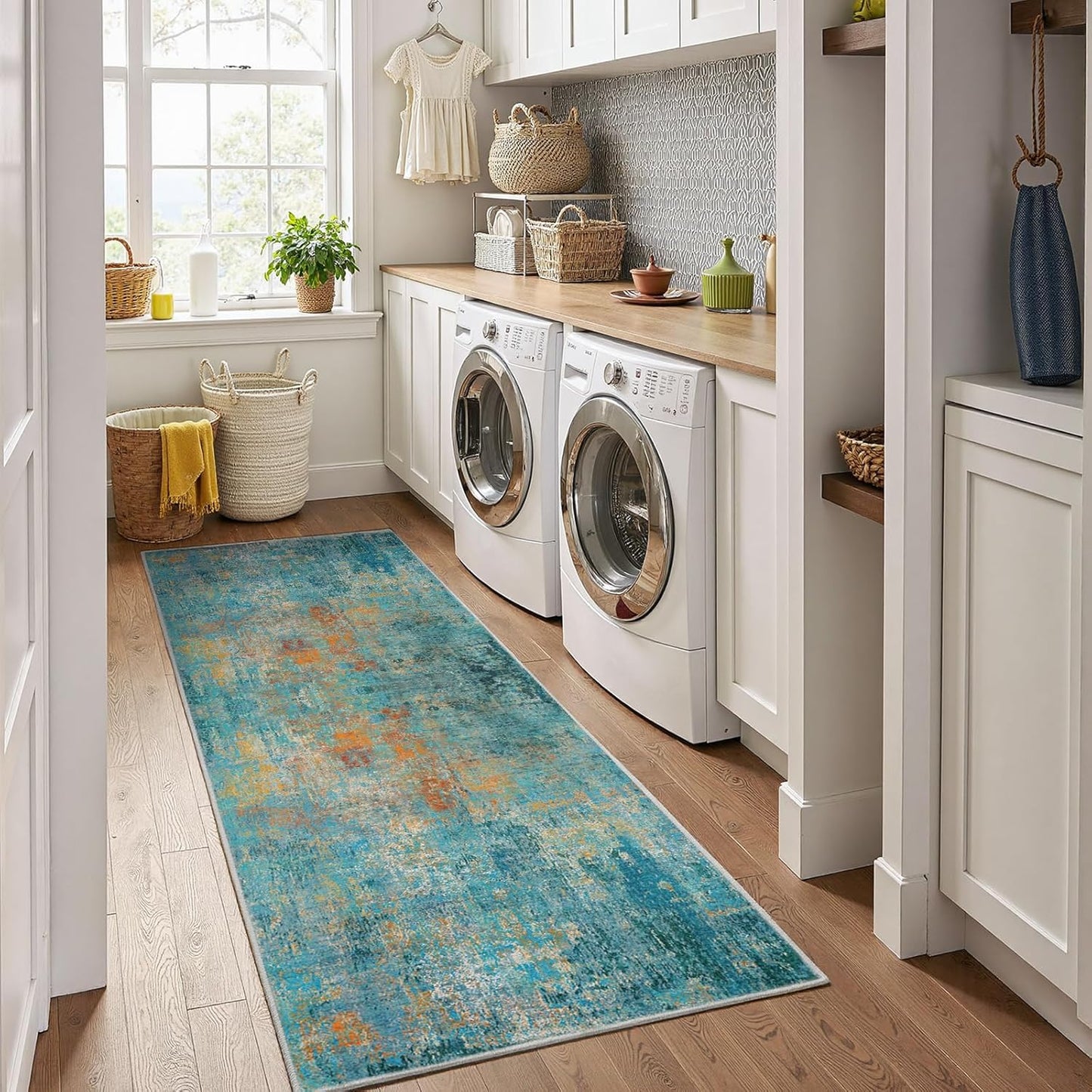 Washable Area Rugs 2'x10' Non-Slip Modern Abstract Soft for Living Room Entryway Bedroom Nursery, Print Pattern, Teal Blue Green Orange Rust Red Colorful
