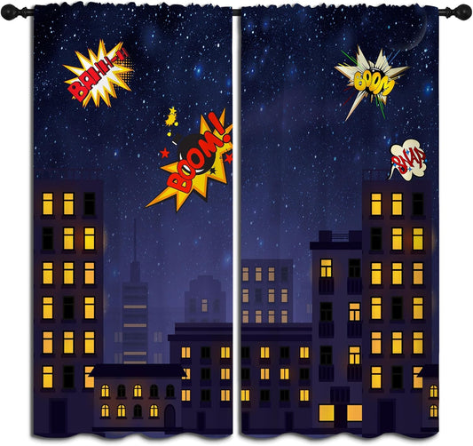 Super Hero Rod Pocket Blackout Curtains for Boy Girl Bedroom, Exploding City Starry Cartoon Skyline Thermal Insulated Home Window Drapes for Living Room Darkening, 42x45 inch