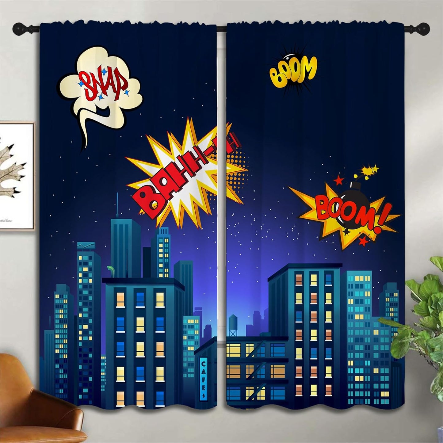 Superhero Rod Pocket Blackout Curtains for Boy Girl Bedroom, Cartoon Skyline Buildings Cityscape Thermal Insulated Home Window Drapes for Living Room Darkening, 72x63 inch