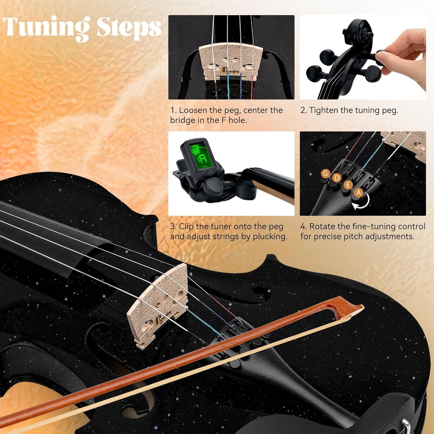 Poseidon 3/4 Violin Size Set for Beginners, Black Violin for Beginner Fiddle Kit with Hard Case, Bow, Rosin, Horse Bridge, Violin Strings 3/4 Full Set, Shoulder Rest, Clip-on Tuner, Manual Instruction