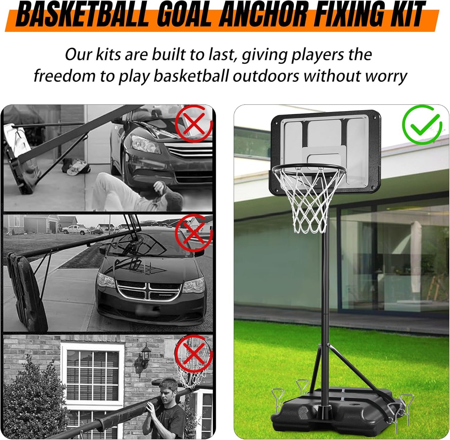RunNico Basketball Goal Anchor, Heavy Duty Basketball Hoop Tie Down Kit, Court Setup Ground Stakes with Adjustable Straps for Basketball Mounting Trampoline Swing Tent