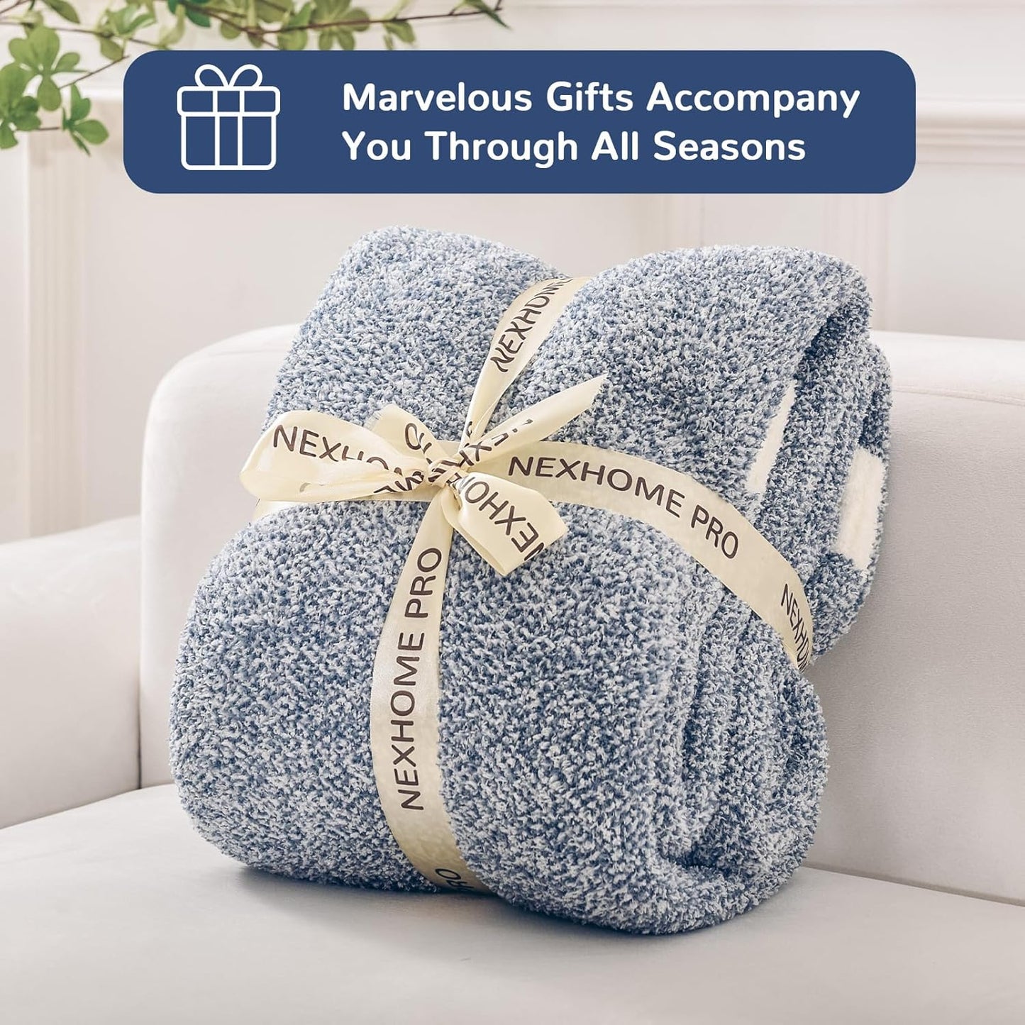 NEXHOME PRO Super Soft Throw Blankets, Cozy Warm Blankets Knit Blanket for Women, Fuzzy Plush Lightweight Throws for Couch, Sofa, Bed, Picnic, Heather Blue White, 50 x 60 inches