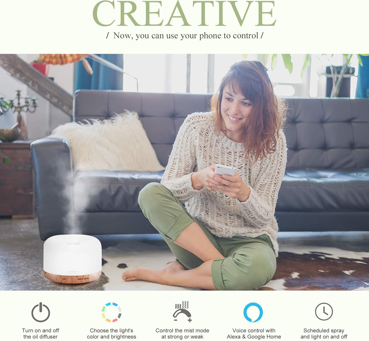ASAKUKI Smart Wi-Fi Essential Oil Diffuser, App and Voice Control Compatible with Alexa, 500ml Aromatherapy Humidifier for Relaxing Atmosphere in Home Office Bedroom Gold