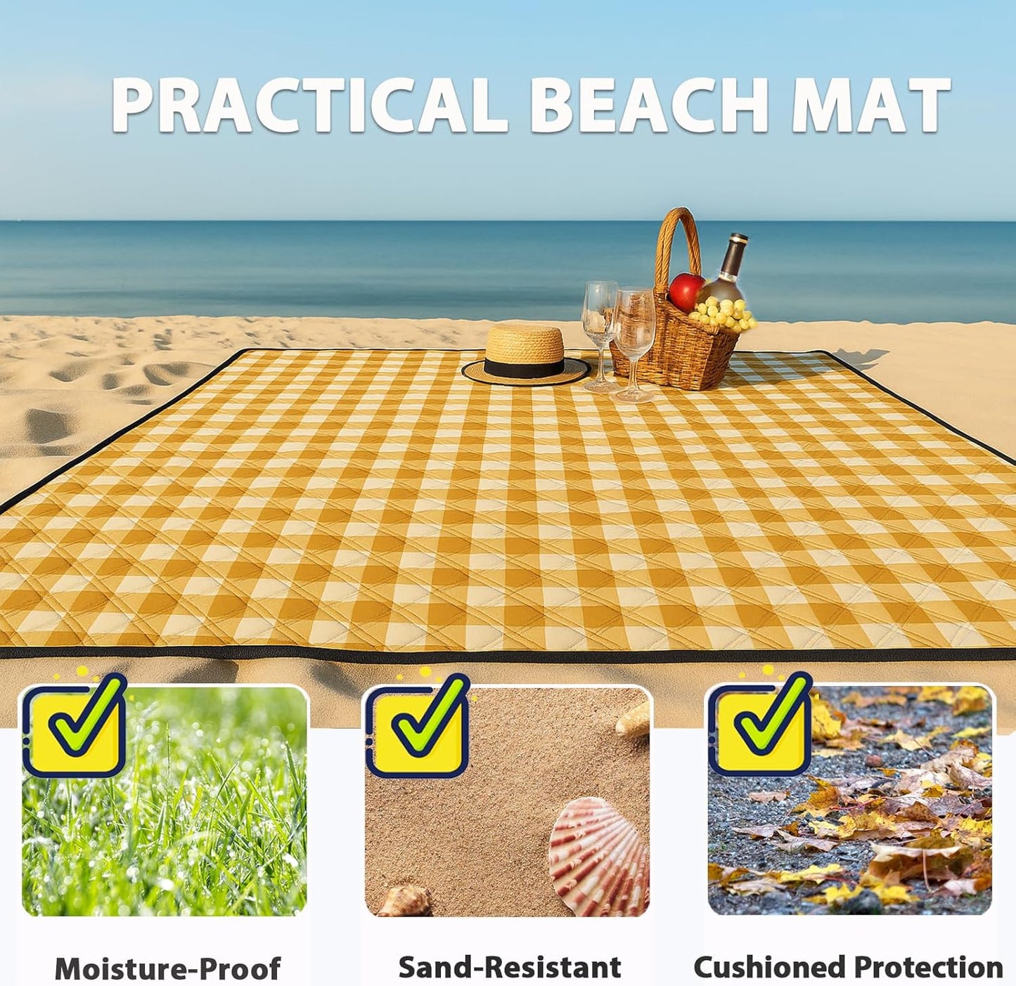 TigeJoy Extra Large Picnic Blanket Waterproof Foldable 80''x80'', Outdoor Picnic Mat Beach Blanket Sandproof for Park, Grass, Travel, Hiking, Camping Essentials, Gingham Picnic Blanket