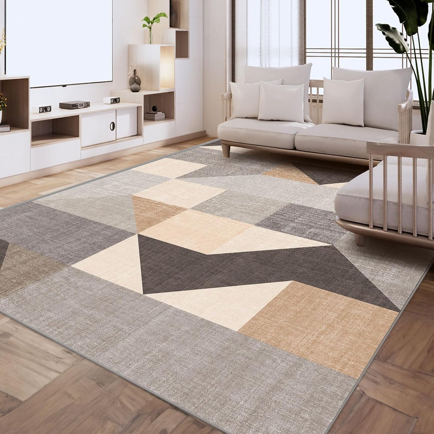 HOMFINE Washable Modern Area Rug - Geometric Style 4x6 Rugs for Living Room, Bedroom, Machine Washable Rug Soft Non Slip Non Shedding Area Rug - Grey Brown, 4'x6'