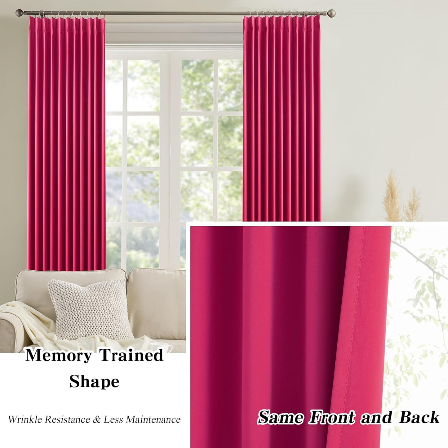KEQIAOSUOCAI Pinch Pleated Curtains 108 Inches Long, Energy Saving Window Treatment Privacy Drapery for Living Room, Vertical Track System Elegant Hook Panels(Hot Pink, 2 PCs, W40 x L108)